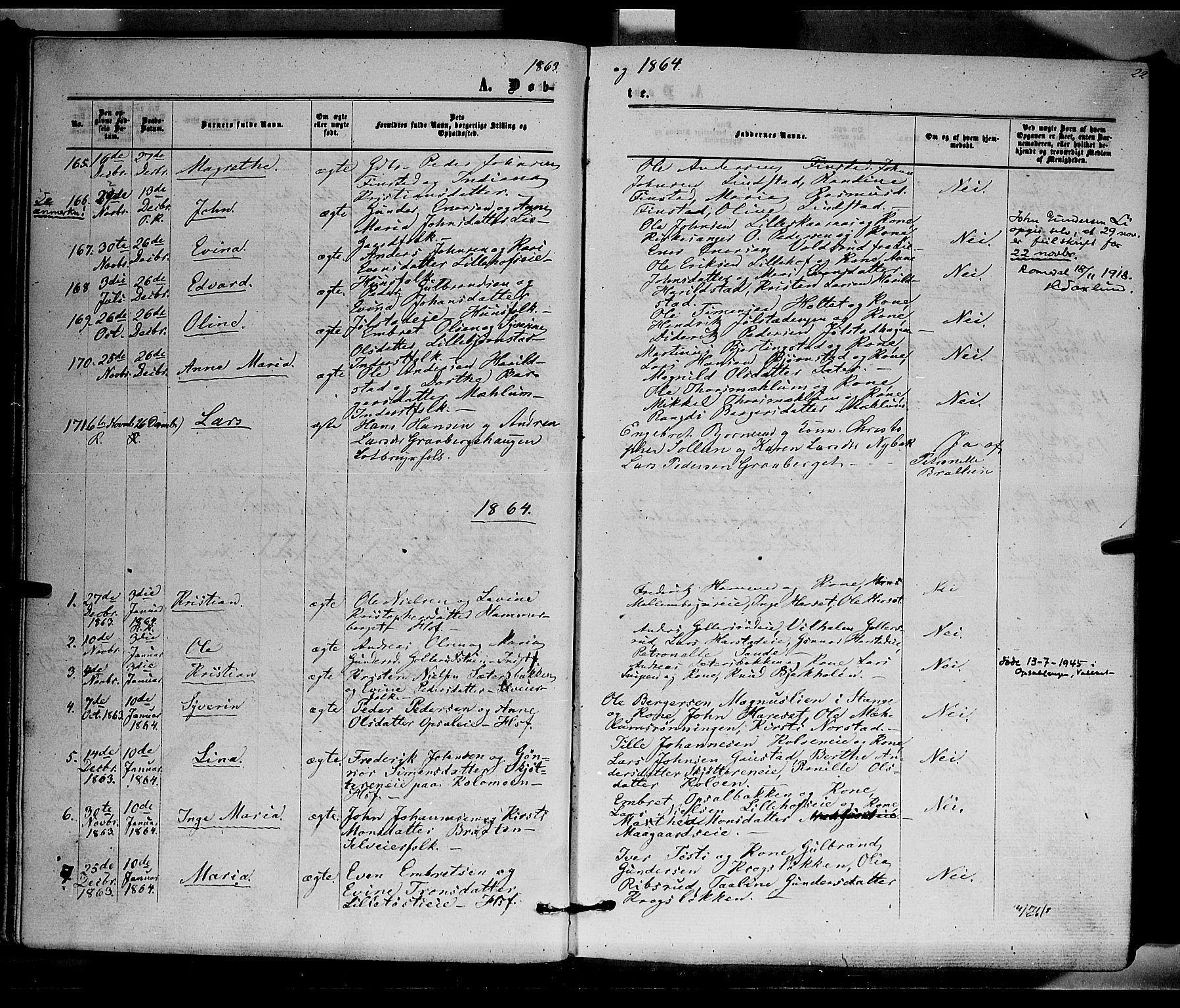 Romedal prestekontor, AV/SAH-PREST-004/K/L0005: Parish register (official) no. 5, 1862-1874, p. 22