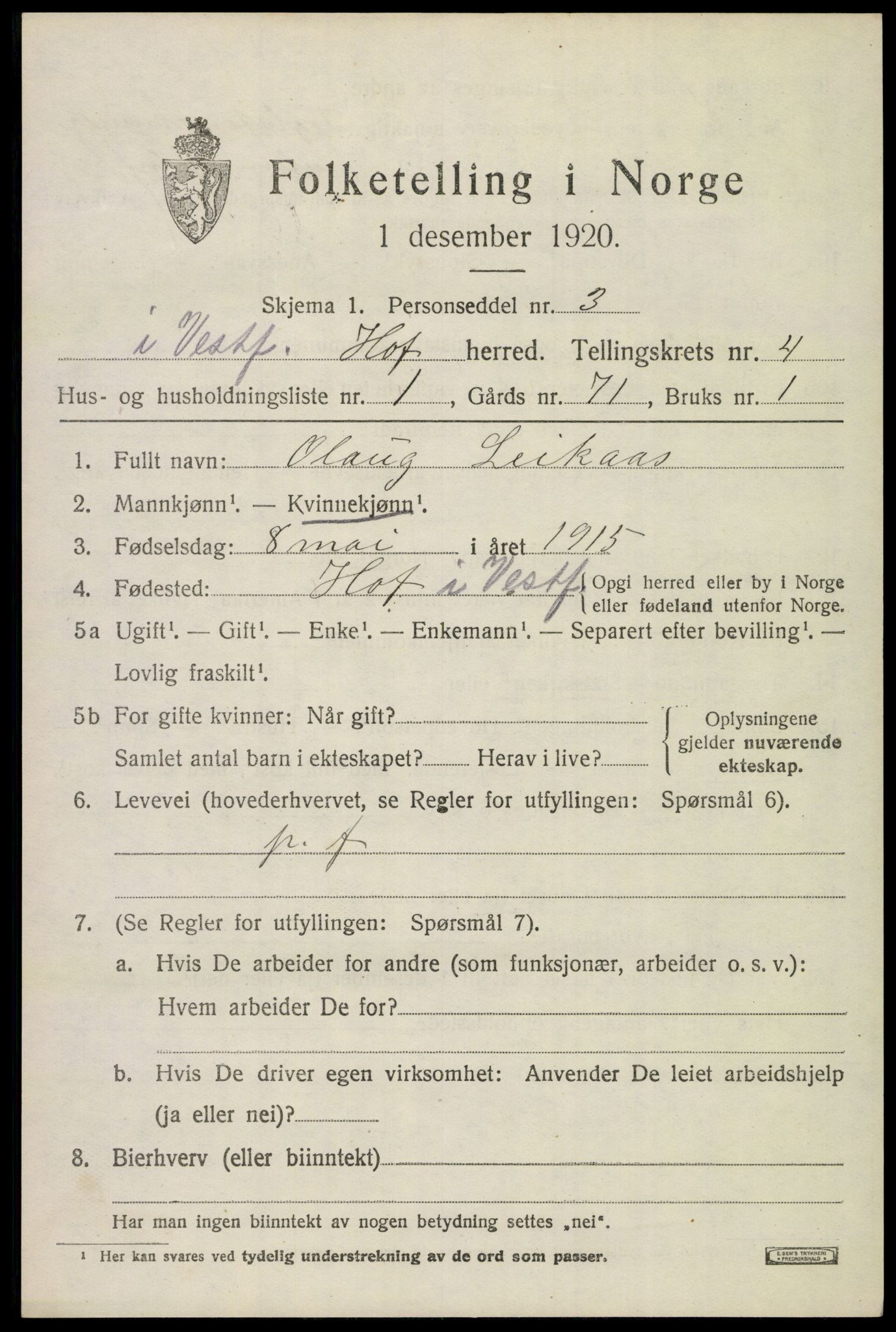 SAKO, 1920 census for Hof, 1920, p. 4871