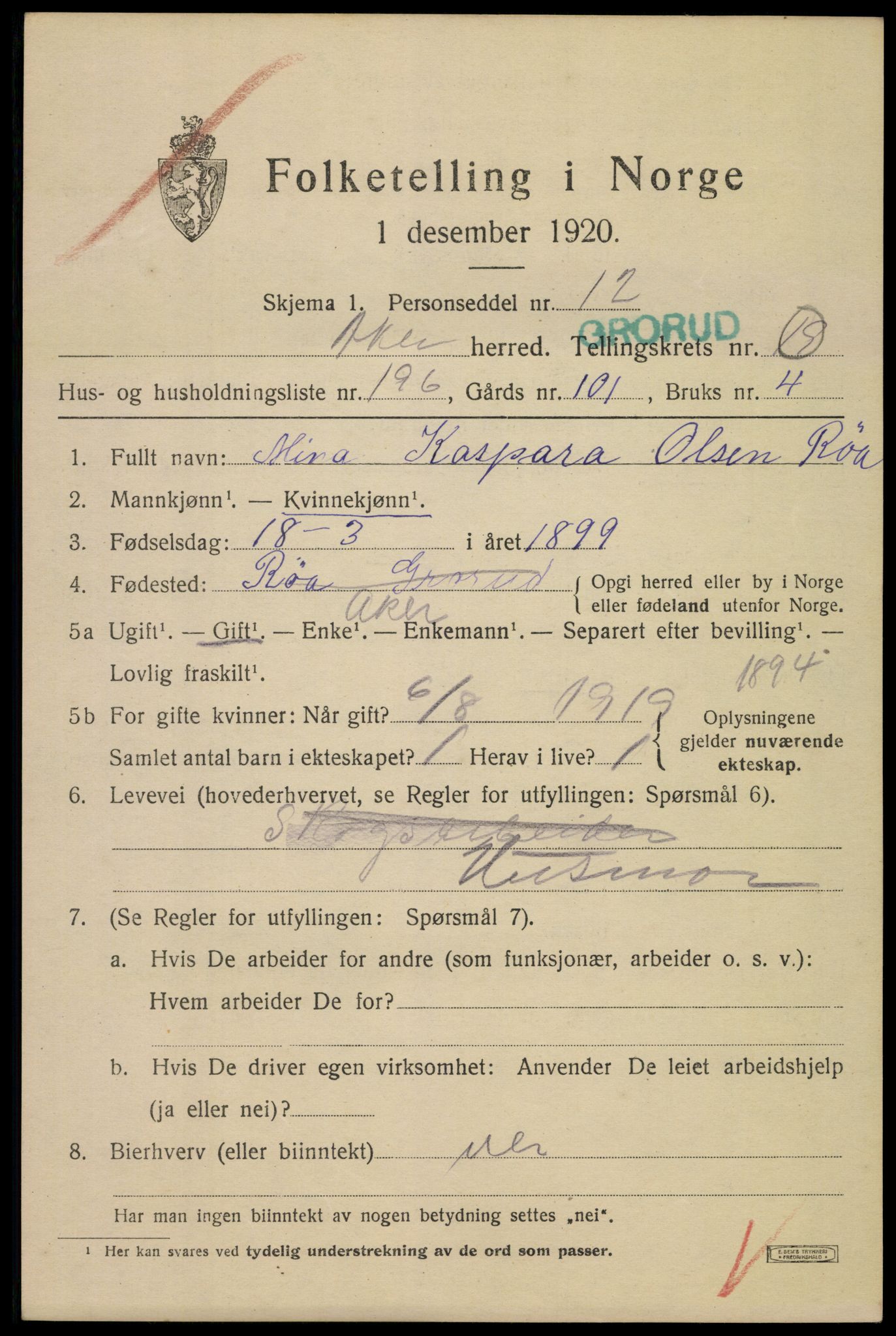 SAO, 1920 census for Aker, 1920, p. 121110