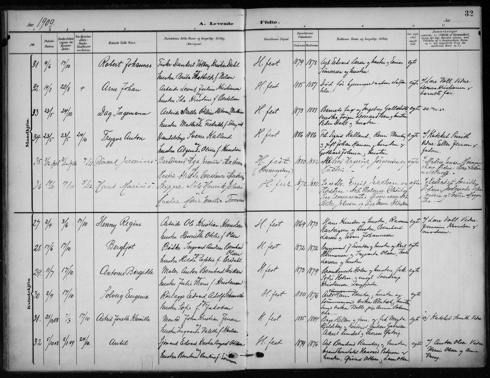 Hammerfest sokneprestkontor, AV/SATØ-S-1347/H/Ha/L0014.kirke: Parish register (official) no. 14, 1906-1916, p. 32