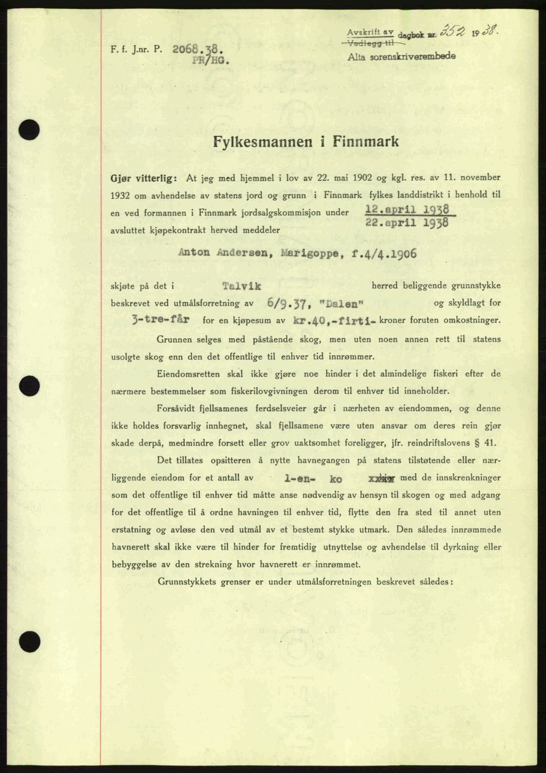 Alta fogderi/sorenskriveri, SATØ/SATØ-5/1/K/Kd/L0031pantebok: Mortgage book no. 31, 1938-1939, Diary no: : 352/1938