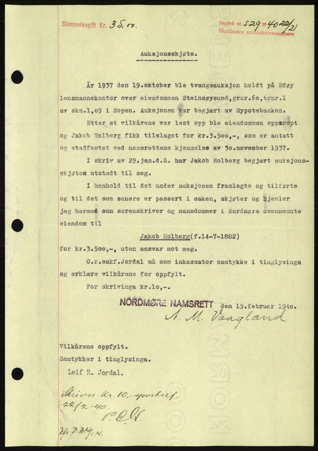 Nordmøre sorenskriveri, AV/SAT-A-4132/1/2/2Ca: Mortgage book no. A88, 1940-1940, Diary no: : 529/1940