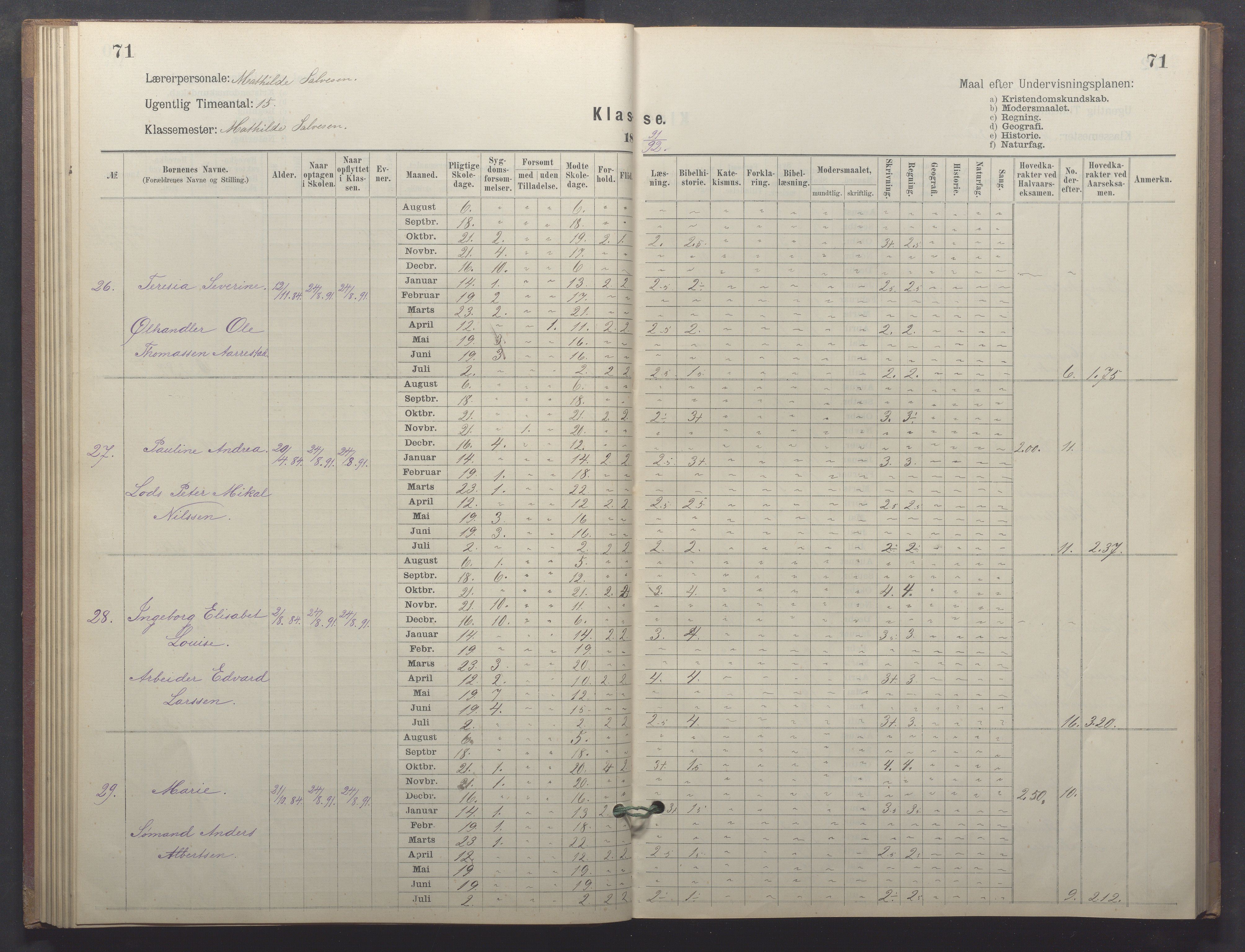 Egersund kommune (Ladested) - Egersund almueskole/folkeskole, IKAR/K-100521/H/L0026: Skoleprotokoll - Almueskolen, 1. klasse, 1889-1893, p. 71