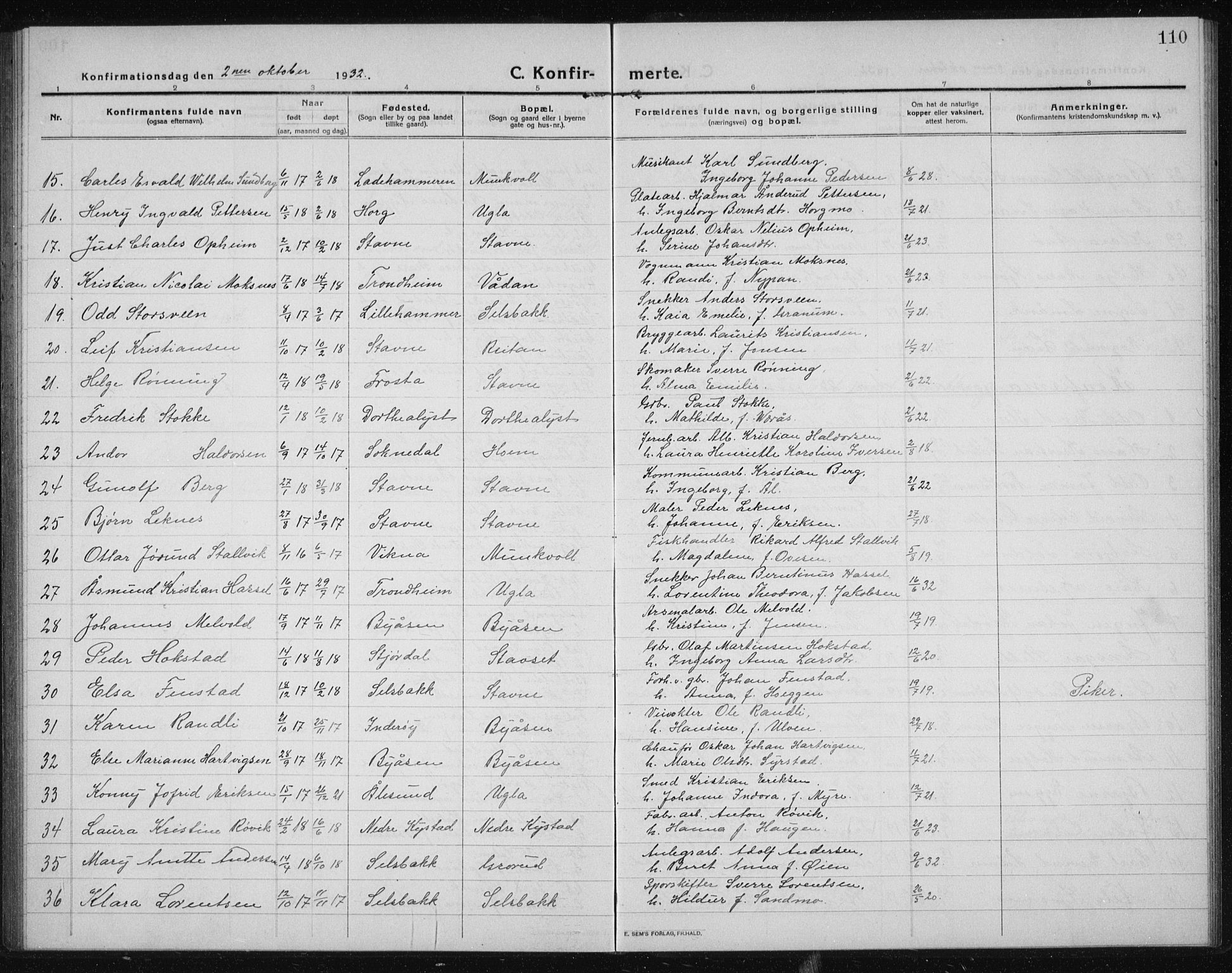 Ministerialprotokoller, klokkerbøker og fødselsregistre - Sør-Trøndelag, SAT/A-1456/611/L0356: Parish register (copy) no. 611C04, 1914-1938, p. 110