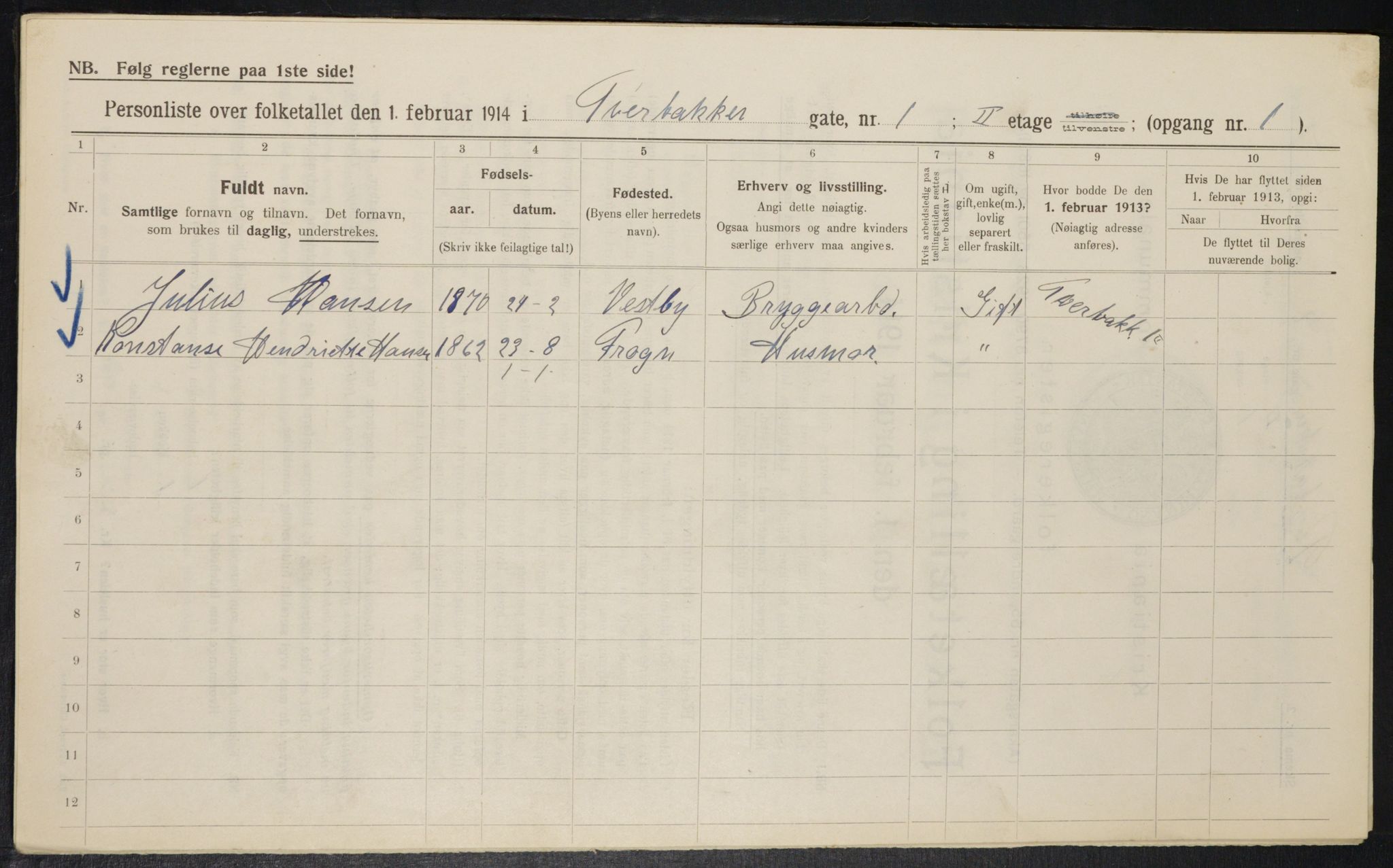 OBA, Municipal Census 1914 for Kristiania, 1914, p. 118185