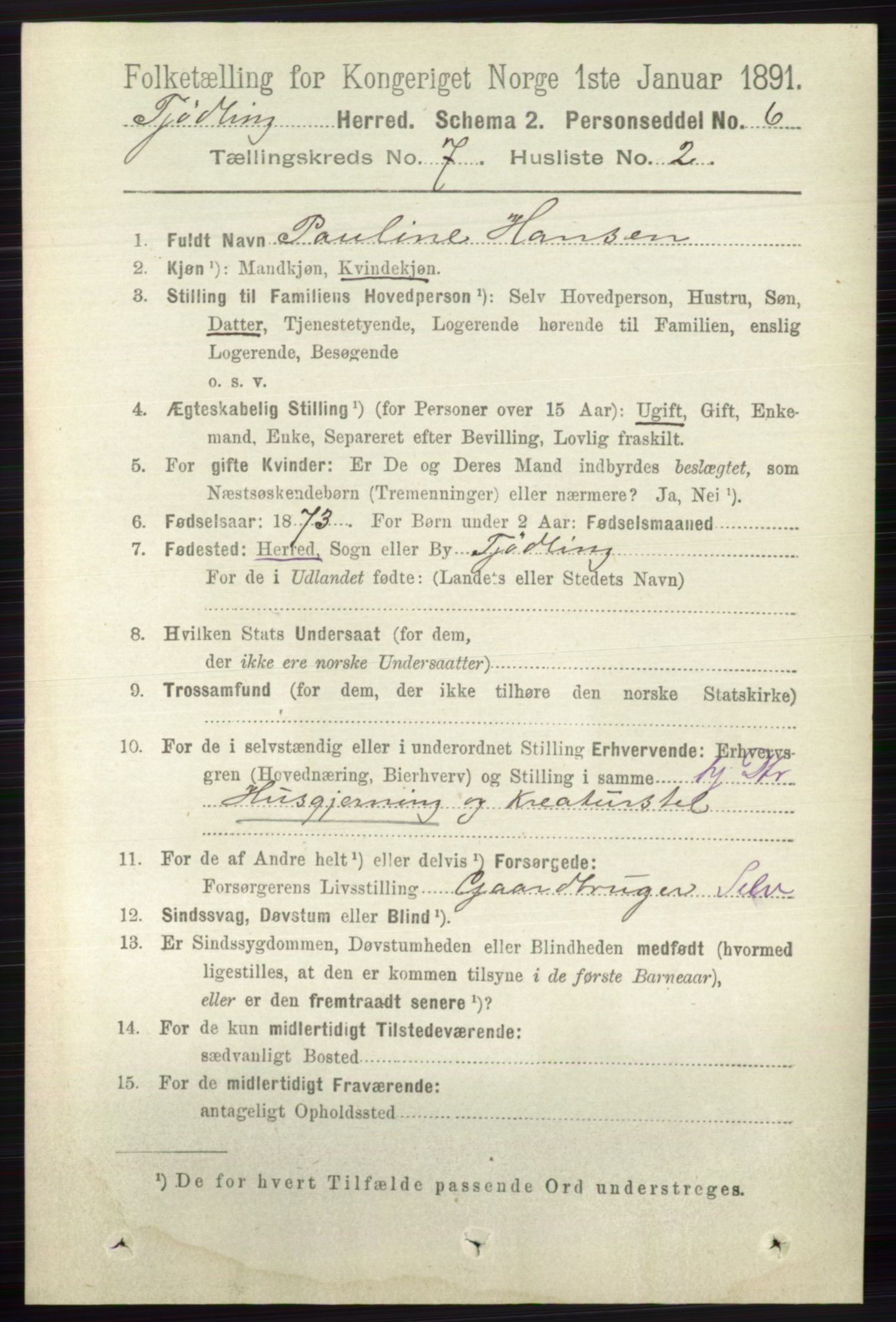 RA, 1891 census for 0725 Tjølling, 1891, p. 3679