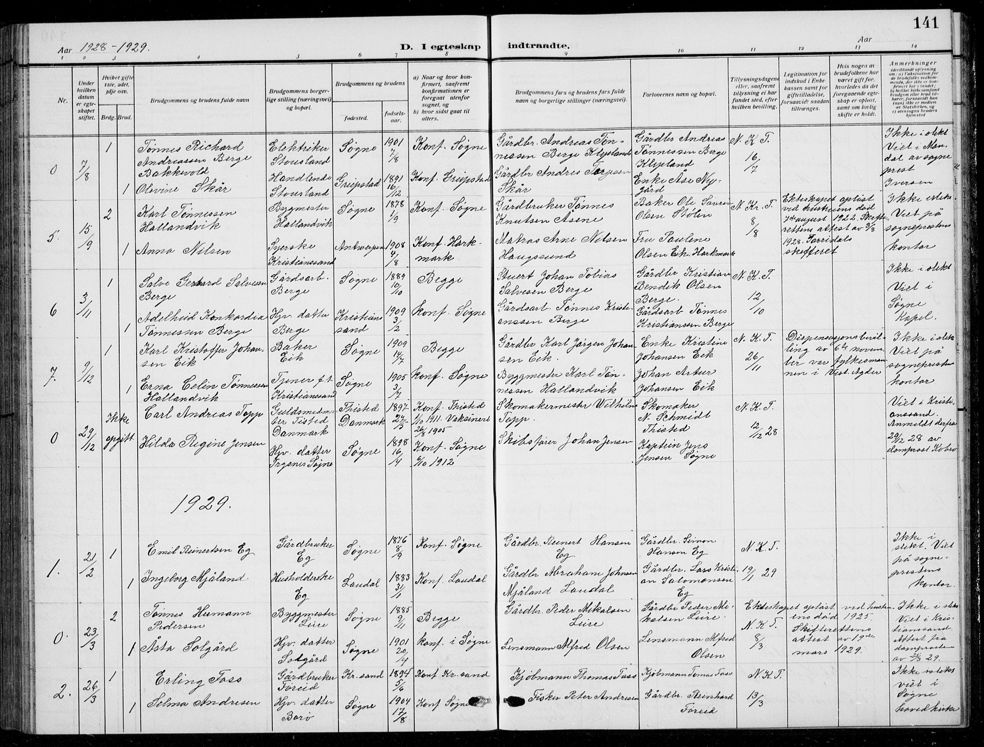 Søgne sokneprestkontor, SAK/1111-0037/F/Fb/Fbb/L0007: Parish register (copy) no. B 7, 1912-1931, p. 141