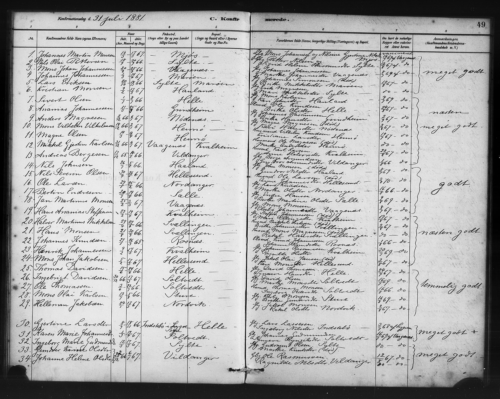 Manger sokneprestembete, SAB/A-76801/H/Haa: Parish register (official) no. C 1, 1881-1890, p. 49