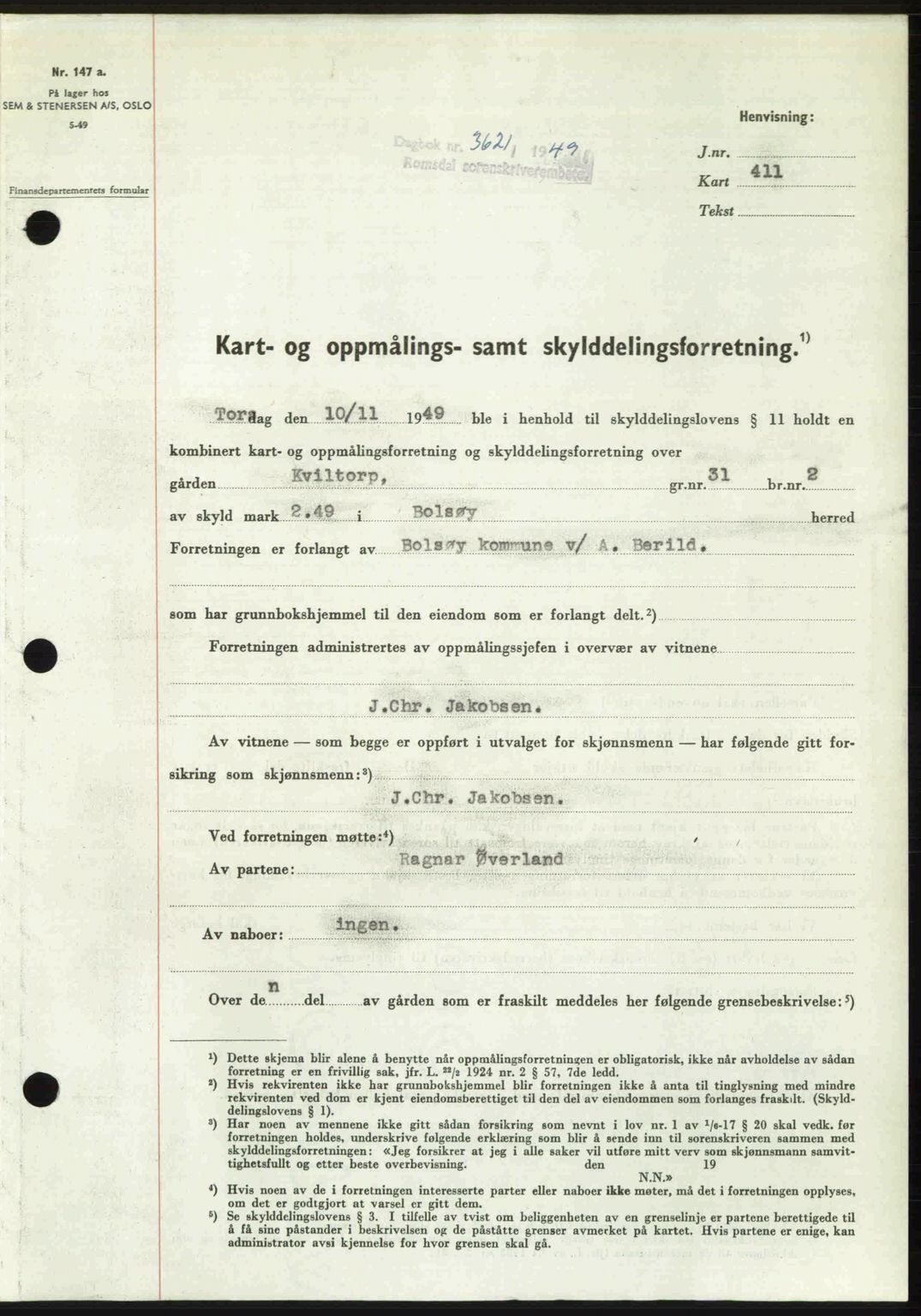 Romsdal sorenskriveri, AV/SAT-A-4149/1/2/2C: Mortgage book no. A31, 1949-1949, Diary no: : 3621/1949