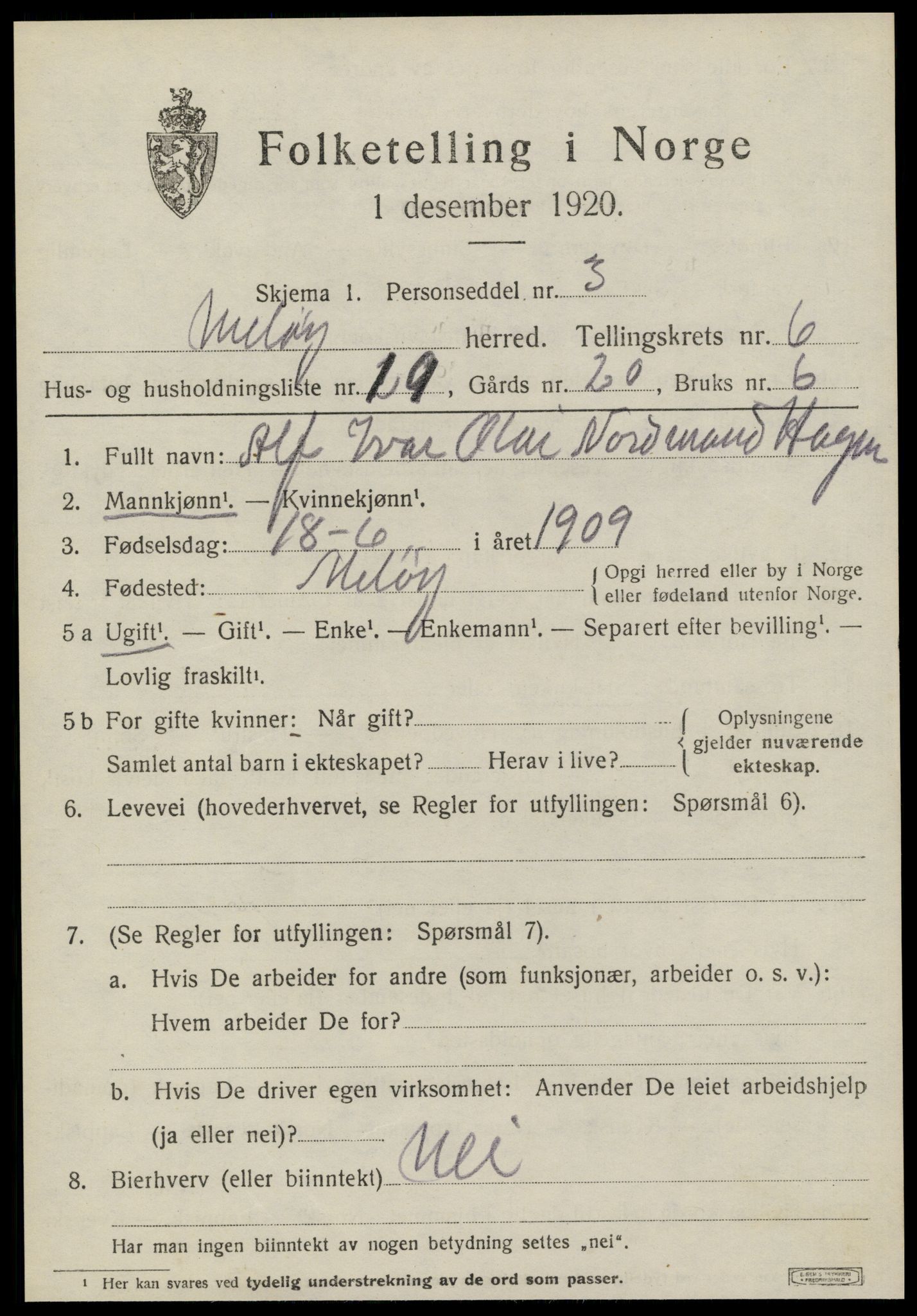 SAT, 1920 census for Meløy, 1920, p. 3635