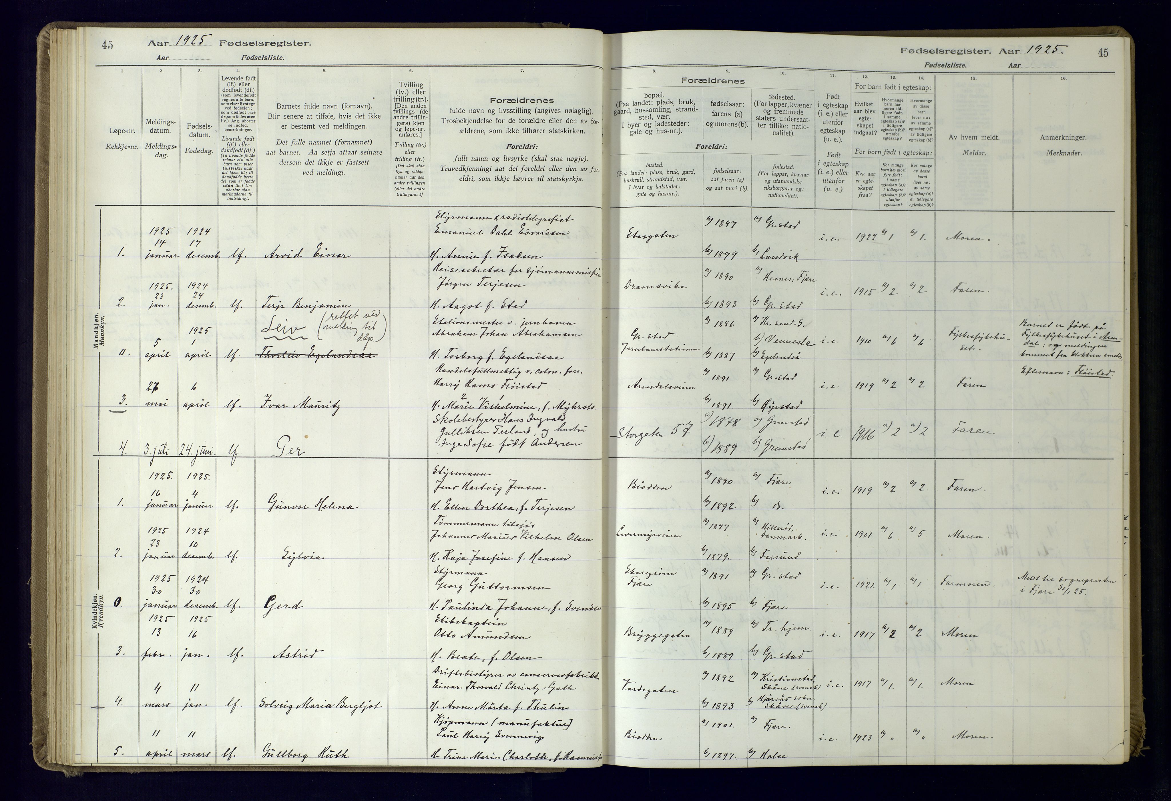 Grimstad sokneprestkontor, AV/SAK-1111-0017/J/Ja/L0001: Birth register no. 1, 1916-1960, p. 45