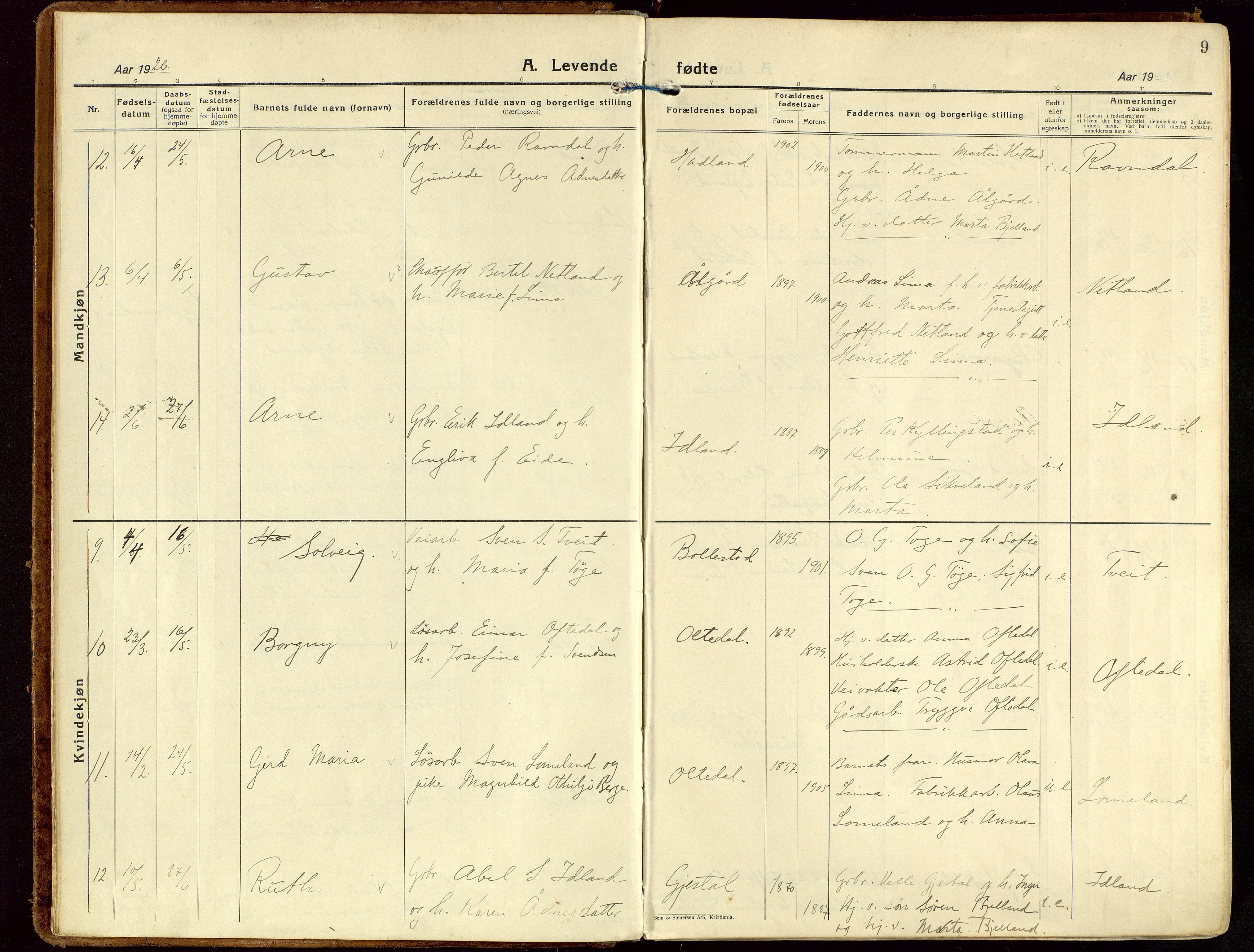 Gjesdal sokneprestkontor, SAST/A-101796/003/O/L0001: Parish register (official) no. A 1, 1925-1949, p. 9
