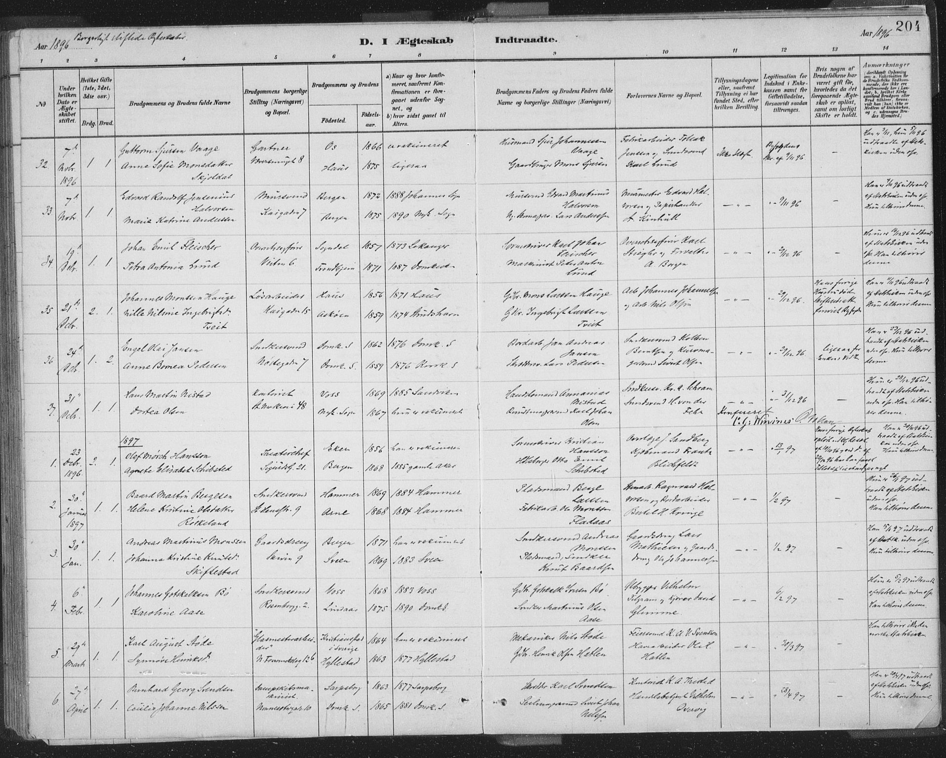 Domkirken sokneprestembete, SAB/A-74801/H/Hab/L0032: Parish register (copy) no. D 4, 1880-1907, p. 204