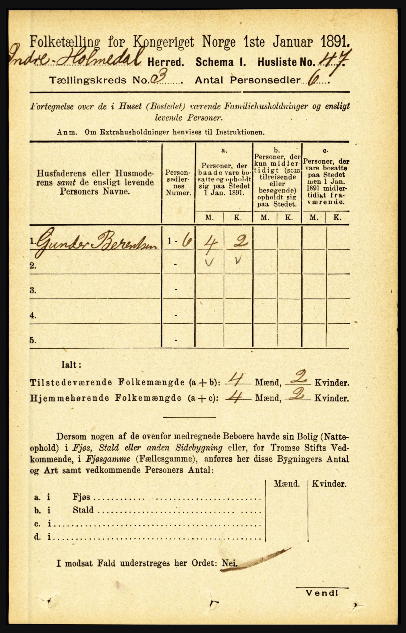 RA, 1891 census for 1430 Indre Holmedal, 1891, p. 884