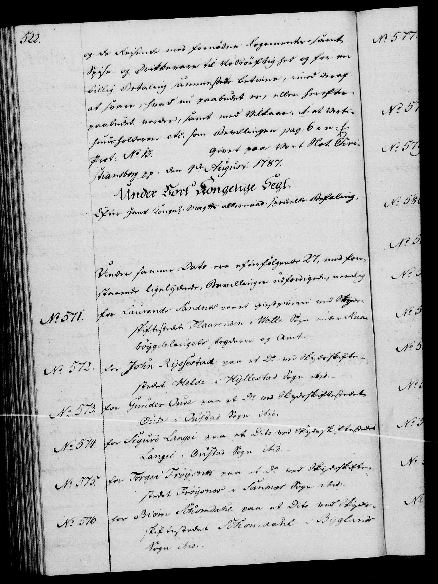 Rentekammeret, Kammerkanselliet, AV/RA-EA-3111/G/Gg/Gga/L0013: Norsk ekspedisjonsprotokoll med register (merket RK 53.13), 1784-1787, p. 522