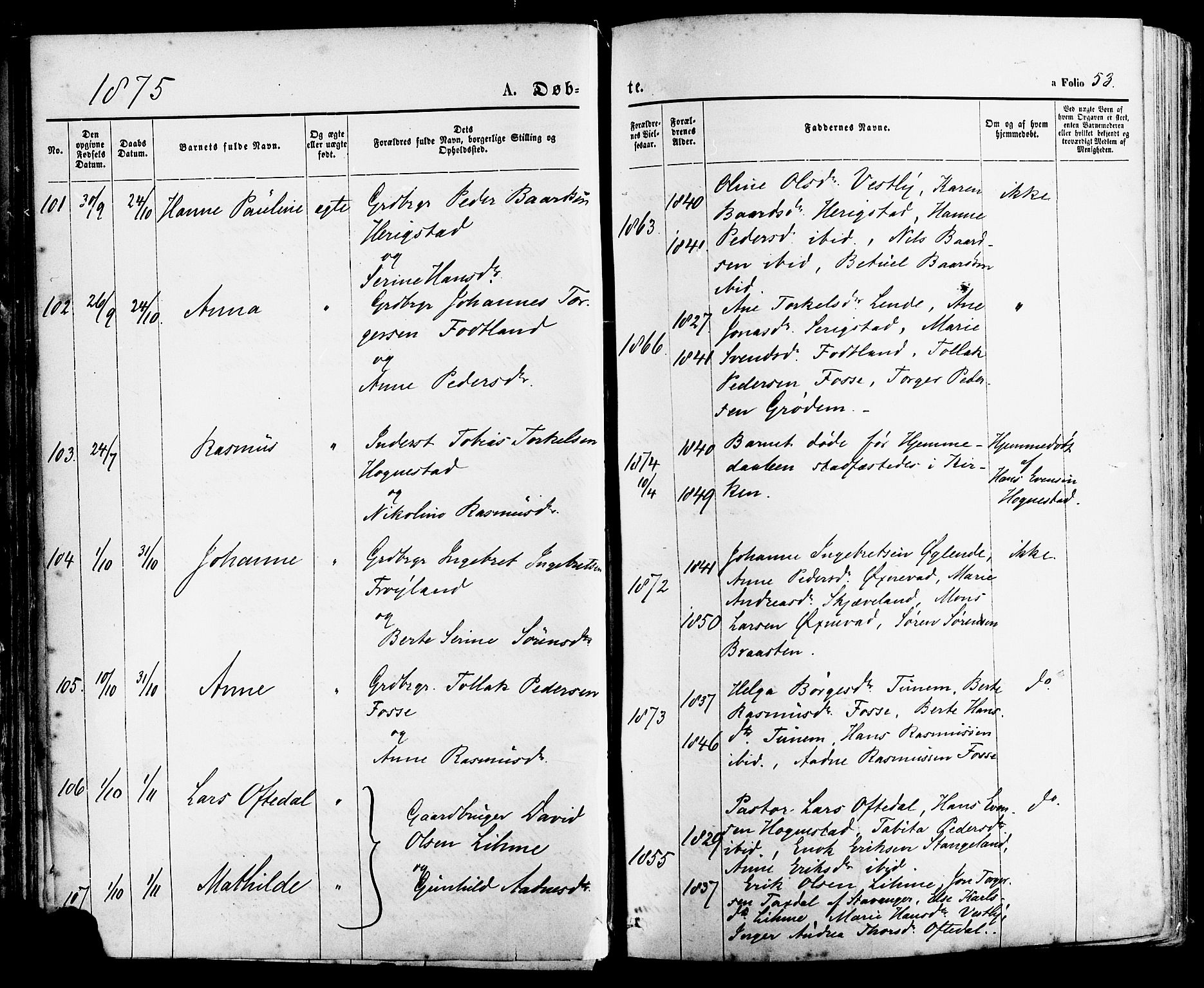 Lye sokneprestkontor, AV/SAST-A-101794/001/30BA/L0008: Parish register (official) no. A 7, 1872-1881, p. 53