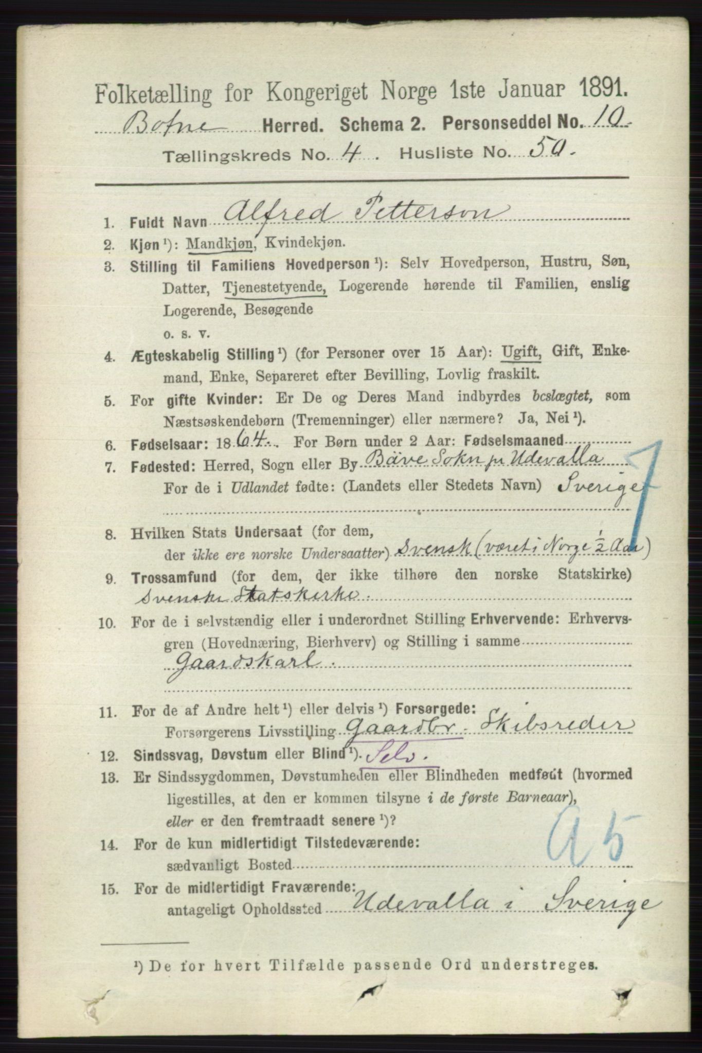 RA, 1891 census for 0715 Botne, 1891, p. 1896