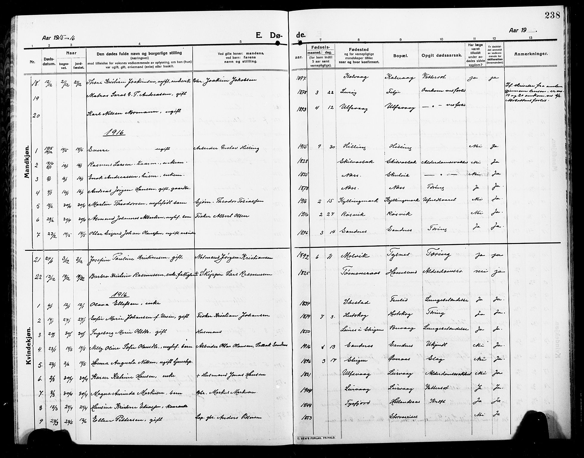 Ministerialprotokoller, klokkerbøker og fødselsregistre - Nordland, AV/SAT-A-1459/859/L0861: Parish register (copy) no. 859C07, 1910-1925, p. 238