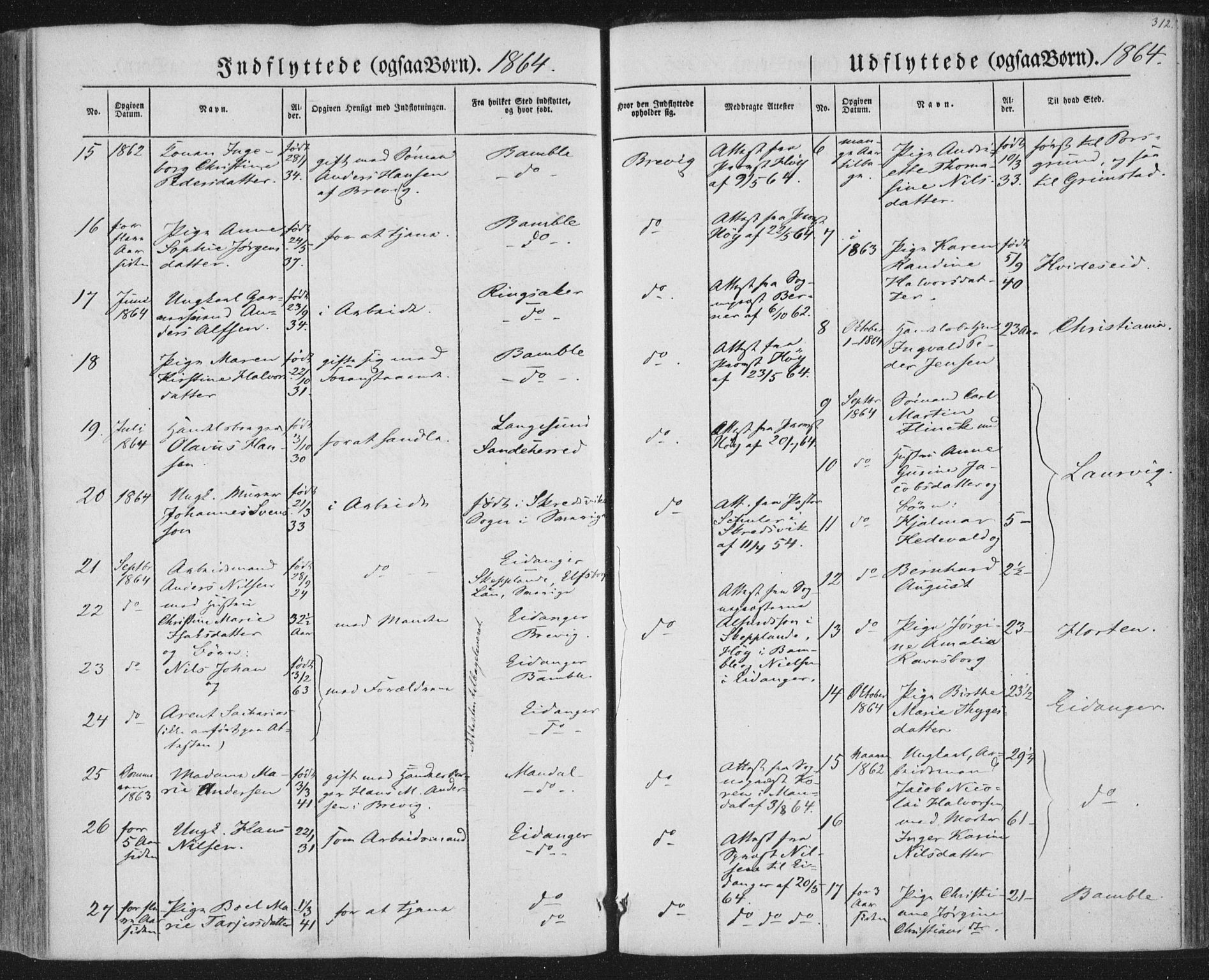 Brevik kirkebøker, AV/SAKO-A-255/F/Fa/L0005: Parish register (official) no. 5, 1847-1865, p. 312