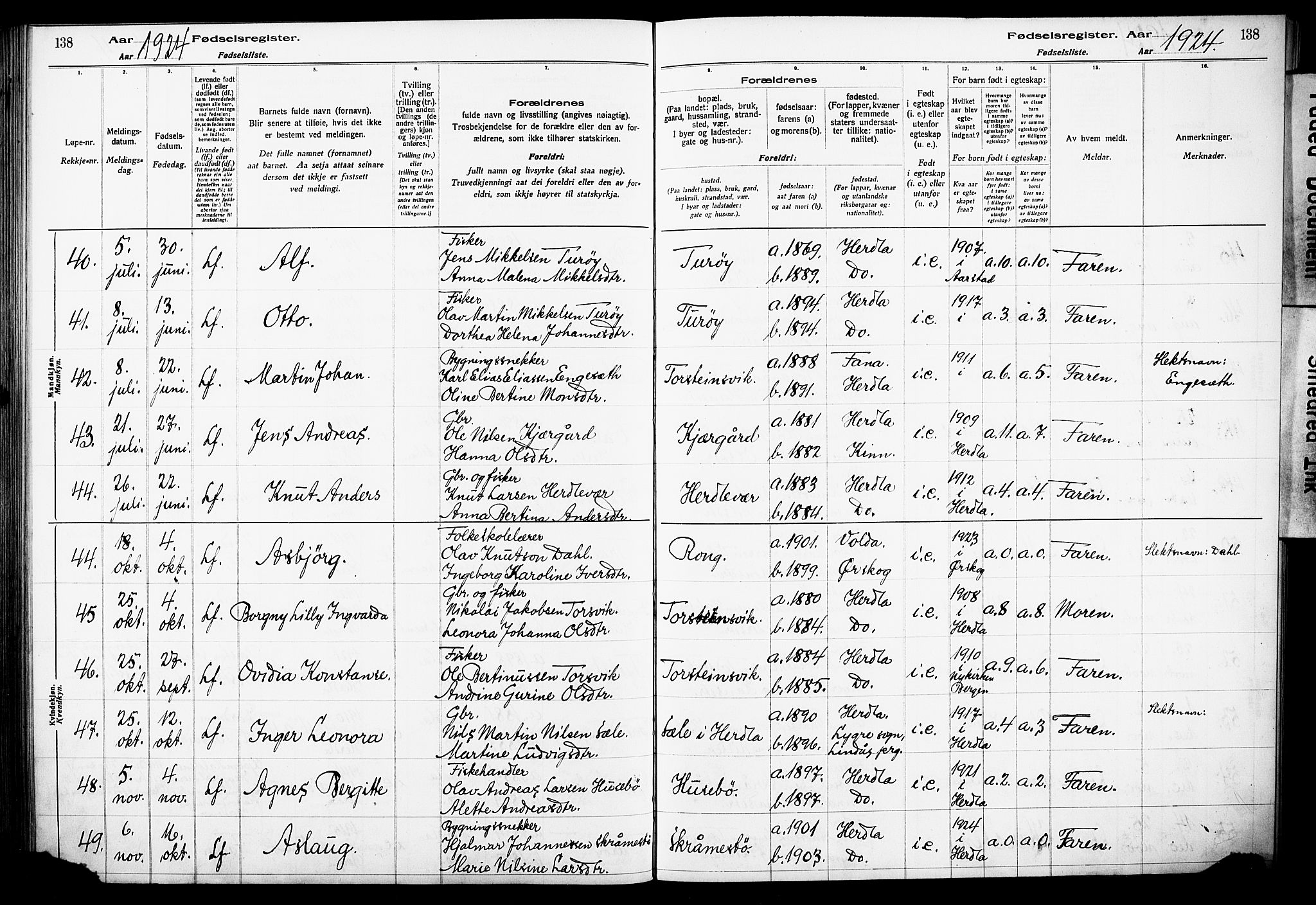 Herdla Sokneprestembete, AV/SAB-A-75701/I/Id/L00A1: Birth register no. A 1, 1916-1929, p. 138