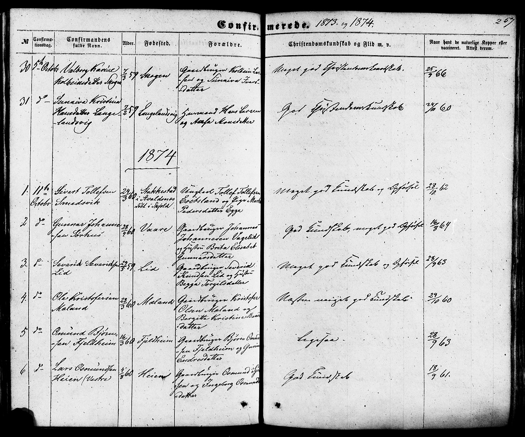 Skjold sokneprestkontor, SAST/A-101847/H/Ha/Haa/L0008: Parish register (official) no. A 8, 1856-1882, p. 257
