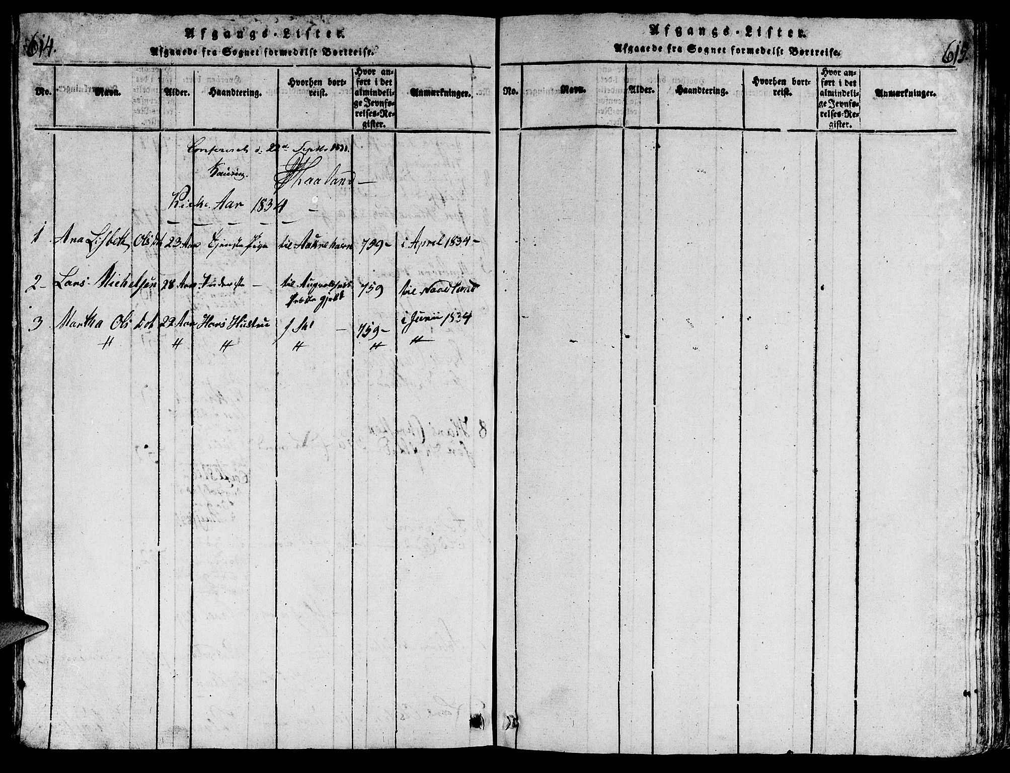 Torvastad sokneprestkontor, SAST/A -101857/H/Ha/Hab/L0001: Parish register (copy) no. B 1 /2, 1817-1834, p. 614-615