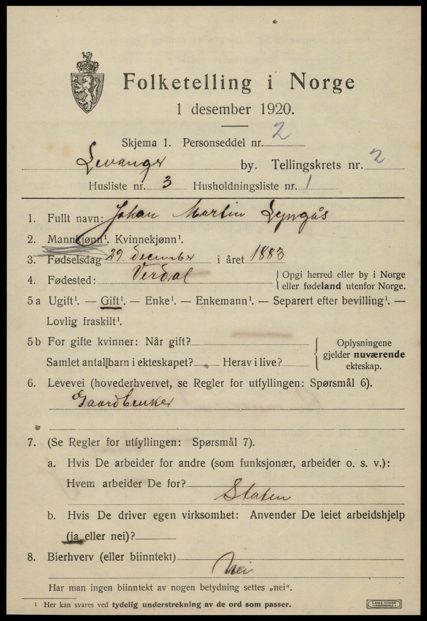 SAT, 1920 census for Levanger town, 1920, p. 2816