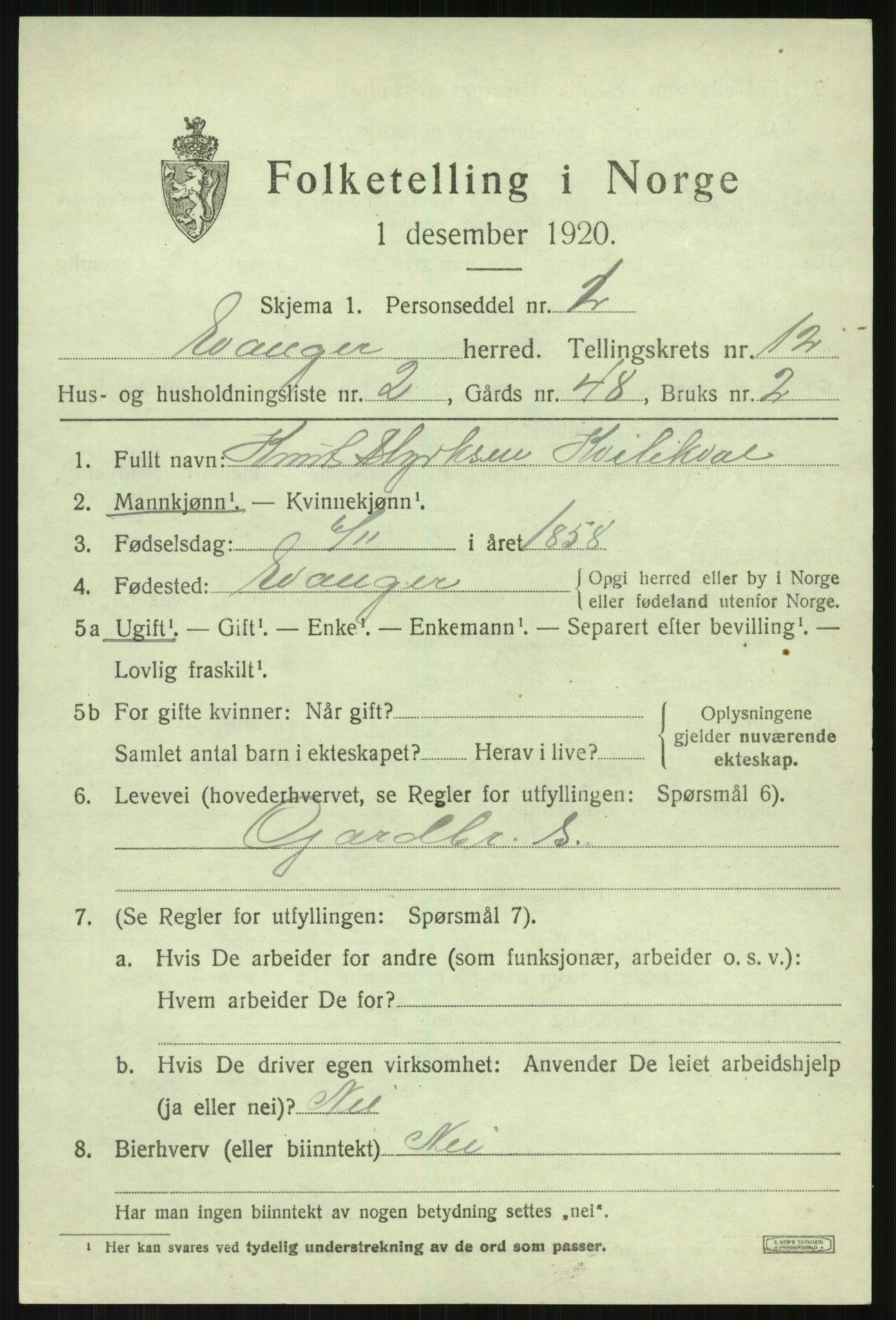 SAB, 1920 census for Evanger, 1920, p. 3659