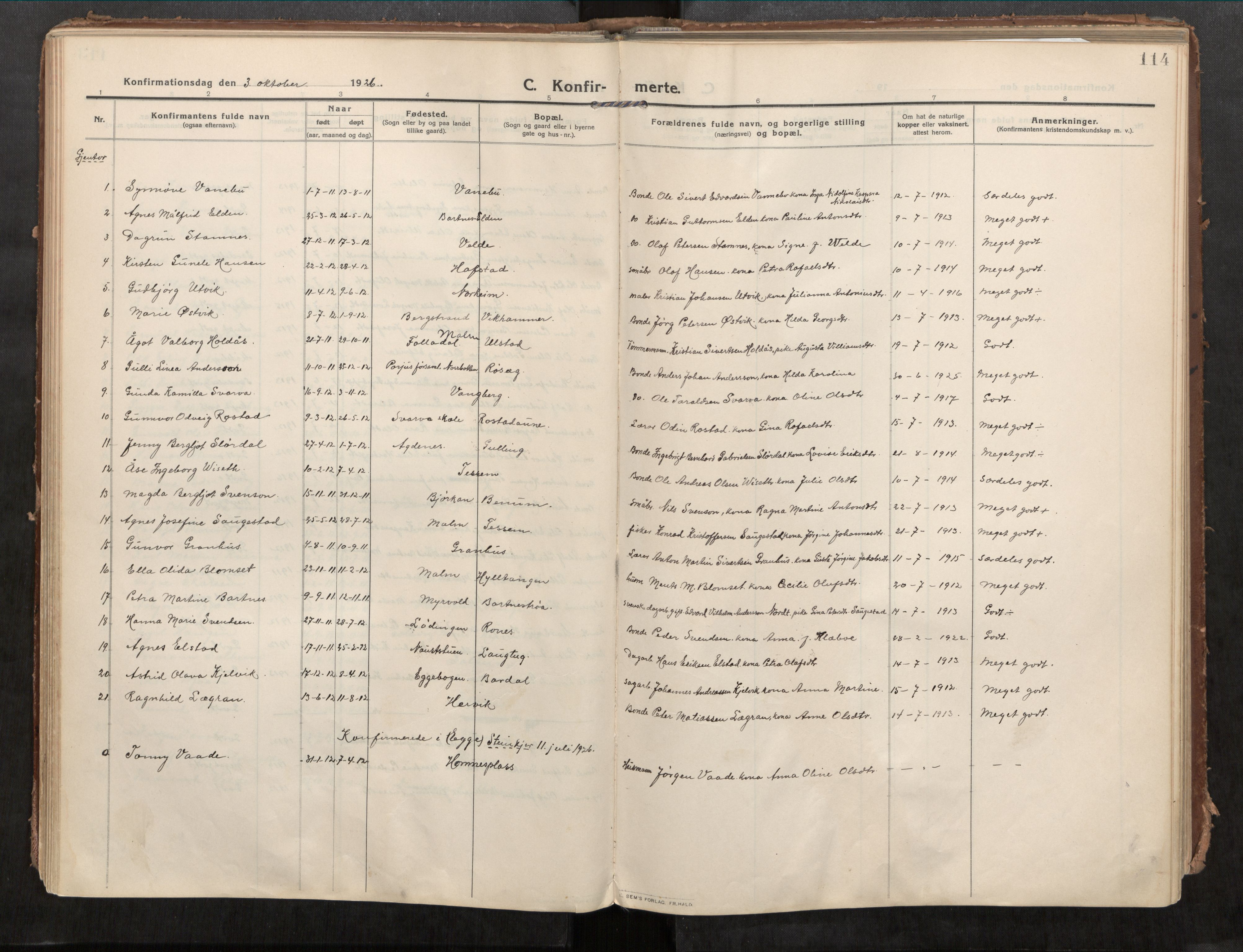 Beitstad sokneprestkontor, SAT/A-1162/I/I1/I1a/L0001: Parish register (official) no. 1, 1912-1927, p. 114