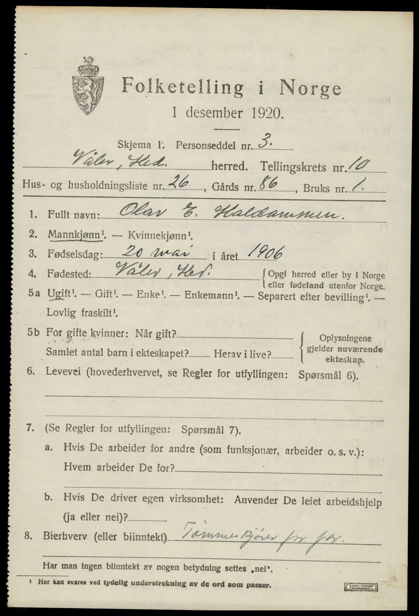 SAH, 1920 census for Våler (Hedmark), 1920, p. 10189