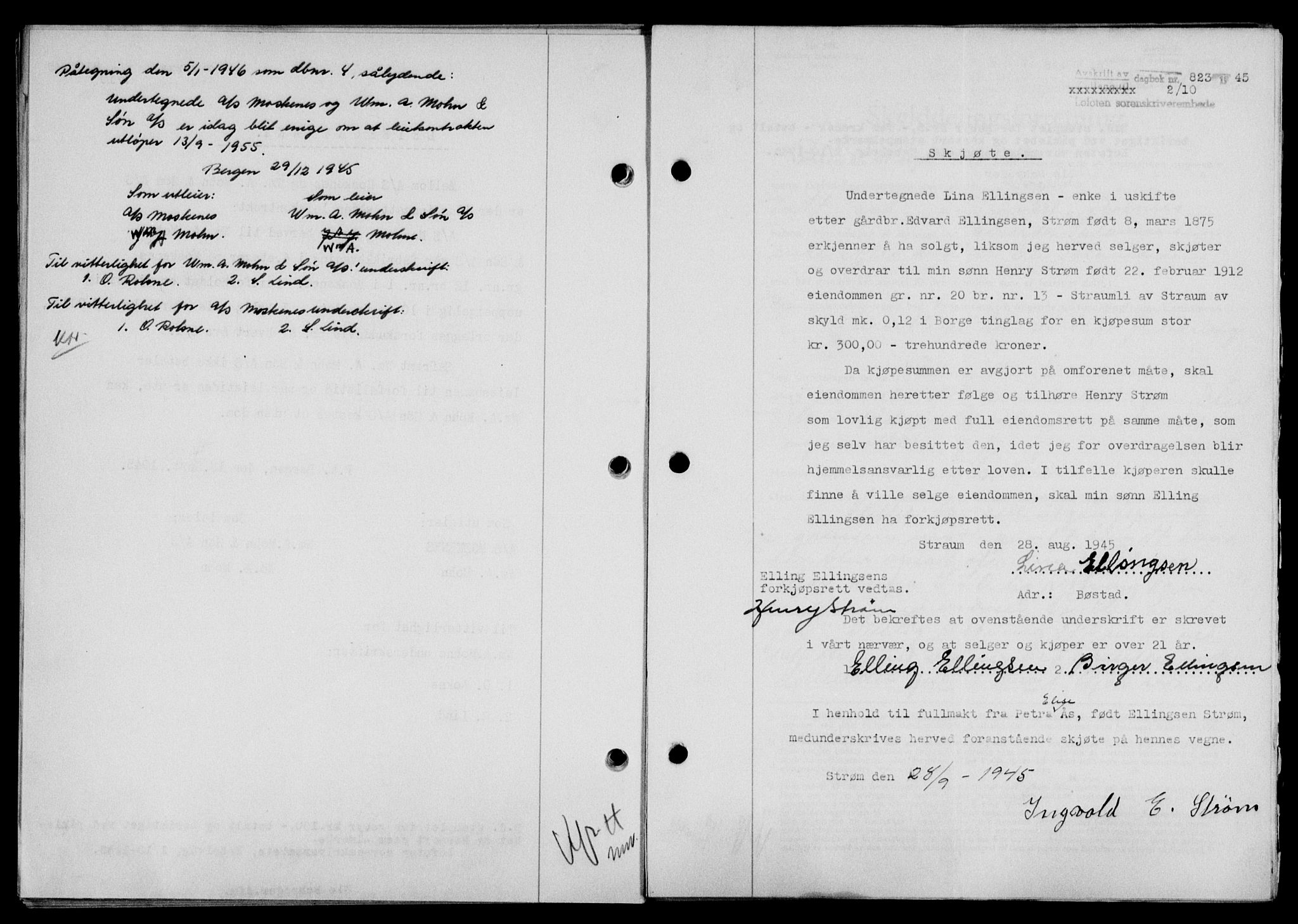 Lofoten sorenskriveri, SAT/A-0017/1/2/2C/L0013a: Mortgage book no. 13a, 1944-1946, Diary no: : 823/1945