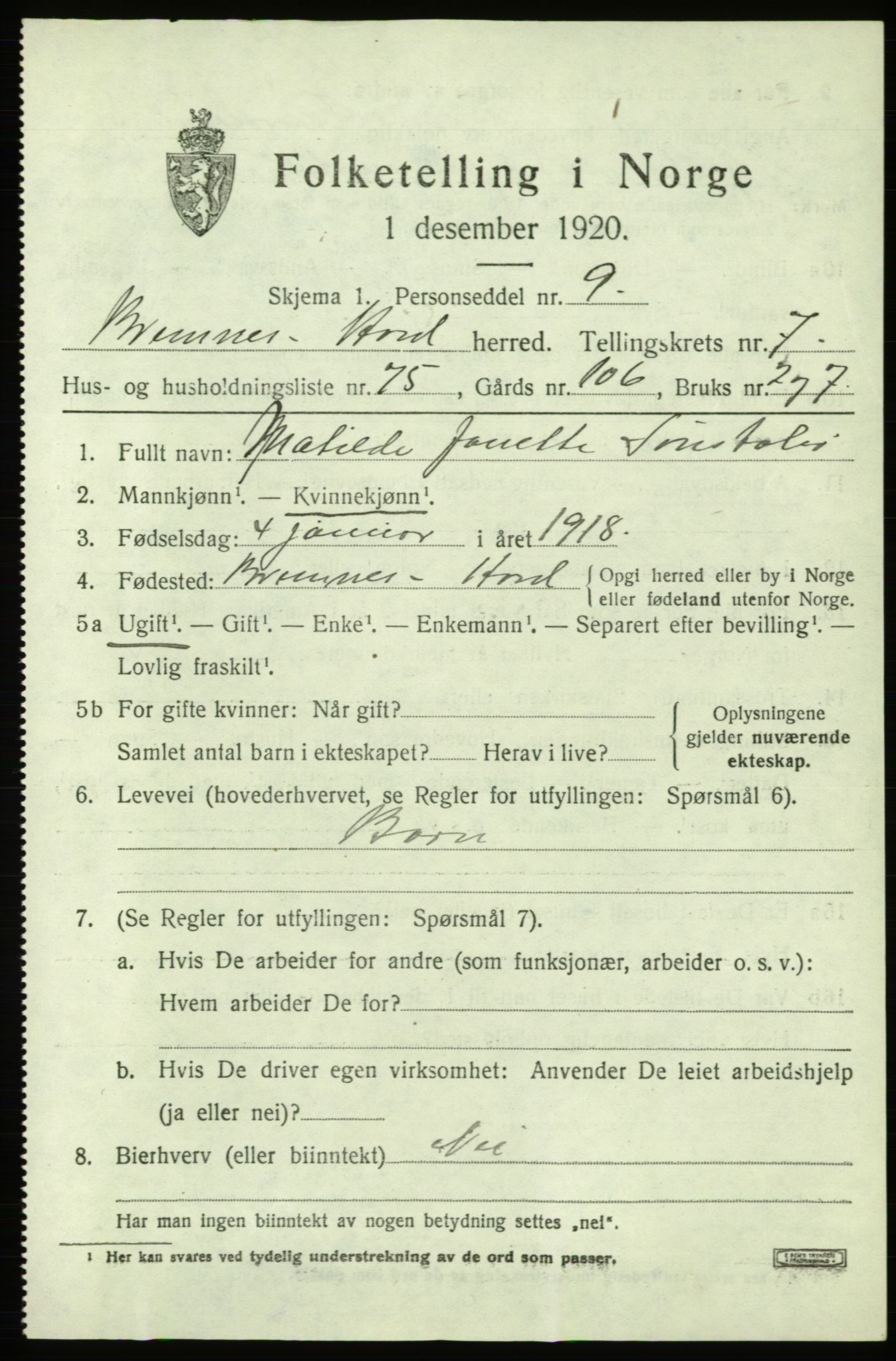 SAB, 1920 census for Bremnes, 1920, p. 5058