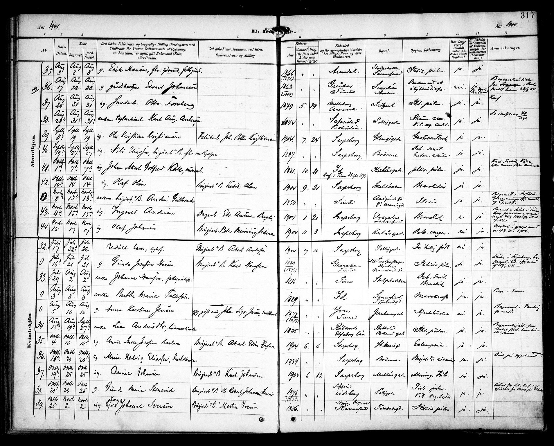 Sarpsborg prestekontor Kirkebøker, AV/SAO-A-2006/F/Fa/L0006: Parish register (official) no. 6, 1900-1909, p. 317