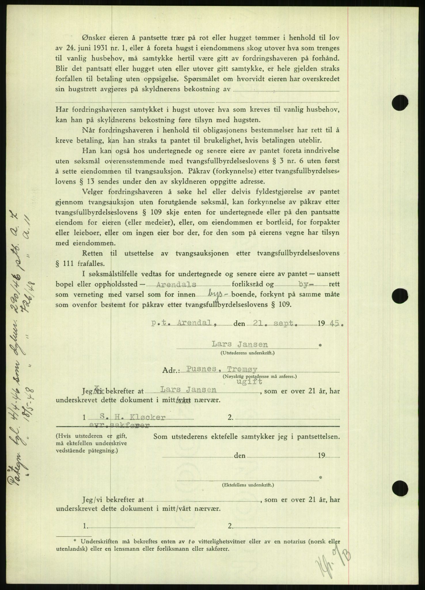 Nedenes sorenskriveri, AV/SAK-1221-0006/G/Gb/Gbb/L0002: Mortgage book no. II, 1942-1945, Diary no: : 662/1945