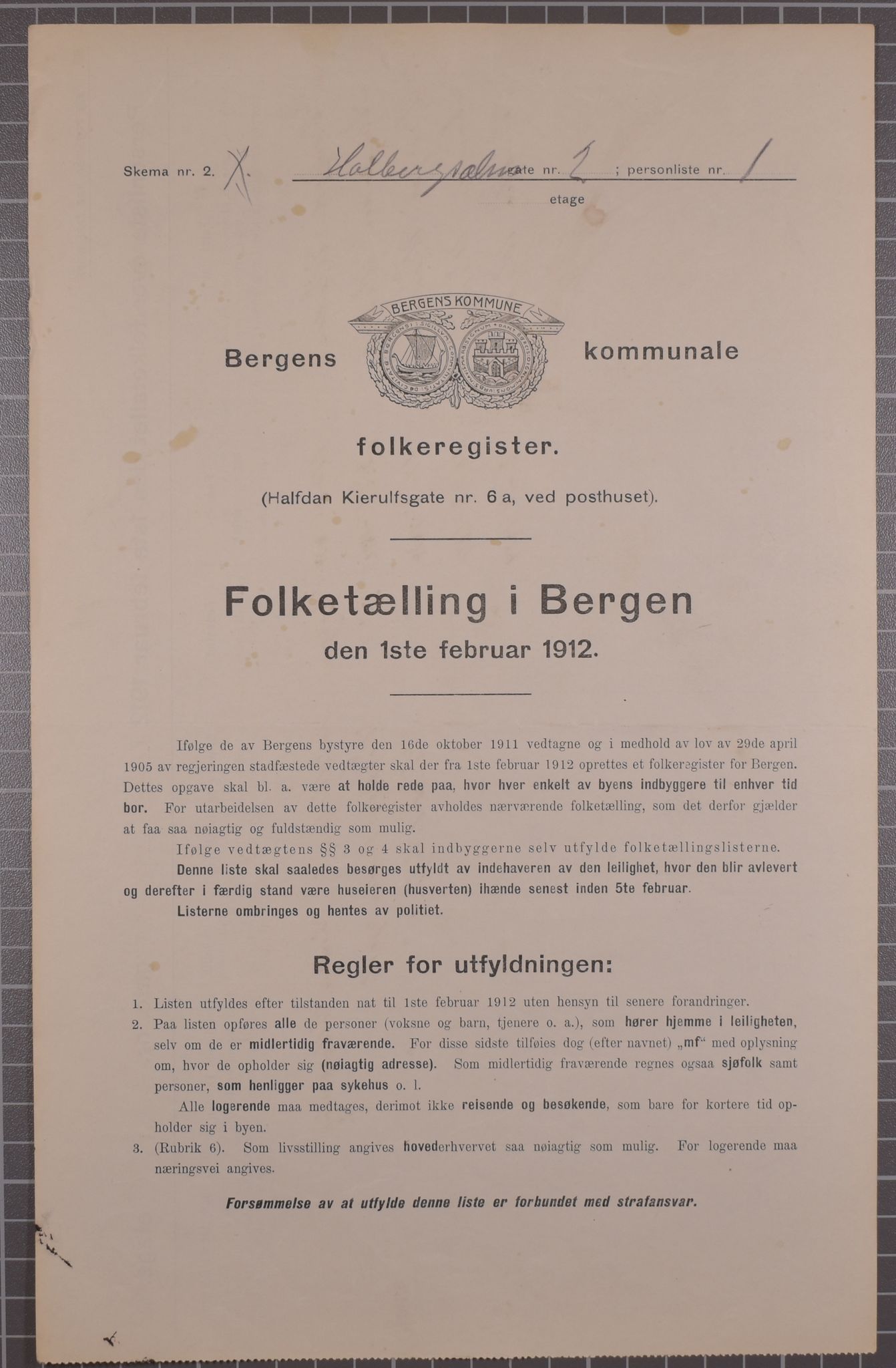 SAB, Municipal Census 1912 for Bergen, 1912, p. 3109