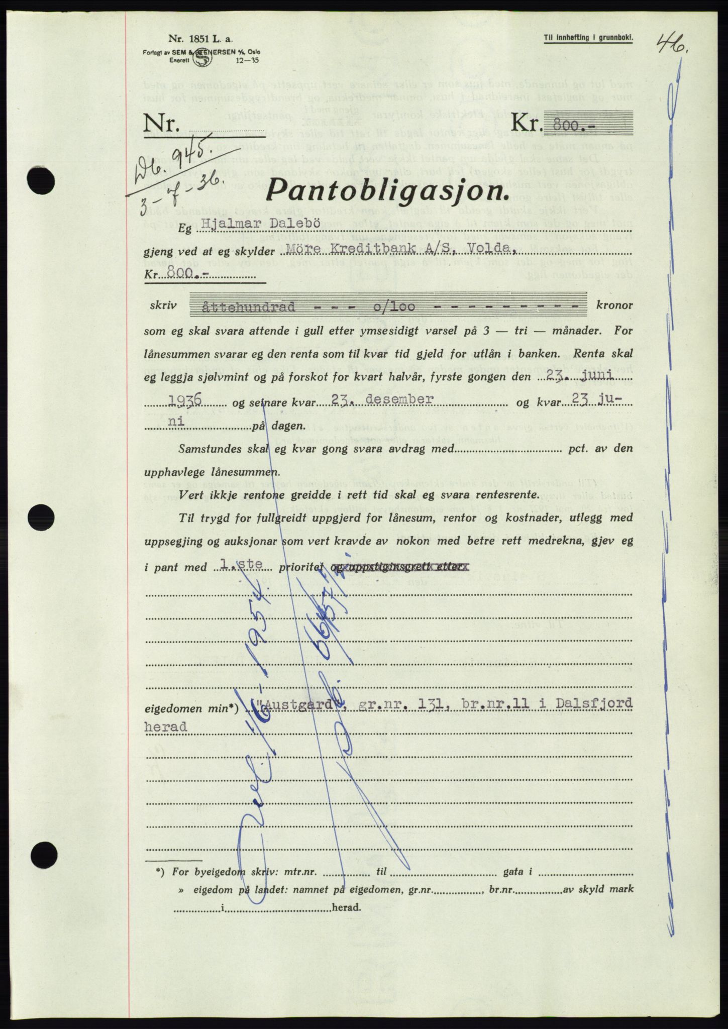 Søre Sunnmøre sorenskriveri, AV/SAT-A-4122/1/2/2C/L0061: Mortgage book no. 55, 1936-1936, Diary no: : 945/1936