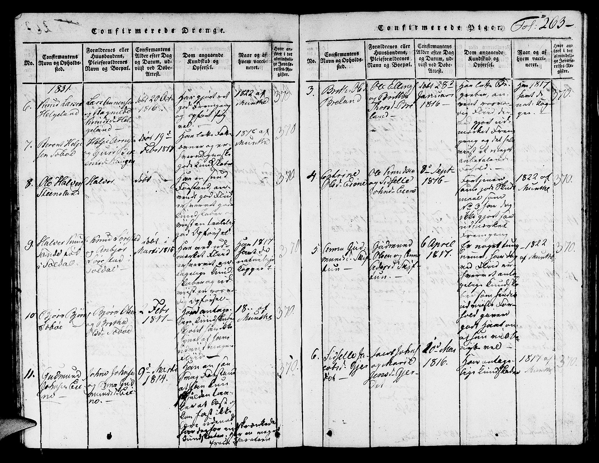 Hjelmeland sokneprestkontor, AV/SAST-A-101843/01/V/L0001: Parish register (copy) no. B 1, 1816-1841, p. 263