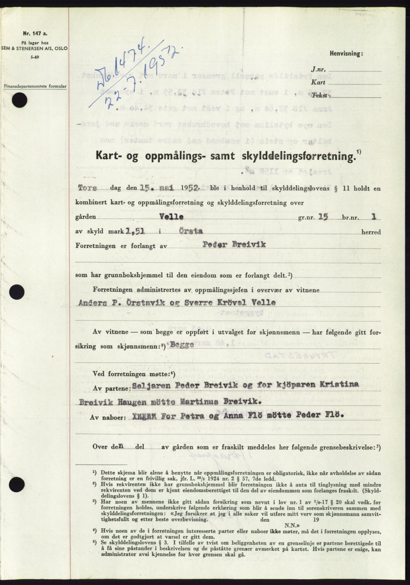 Søre Sunnmøre sorenskriveri, AV/SAT-A-4122/1/2/2C/L0092: Mortgage book no. 18A, 1952-1952, Diary no: : 1474/1952