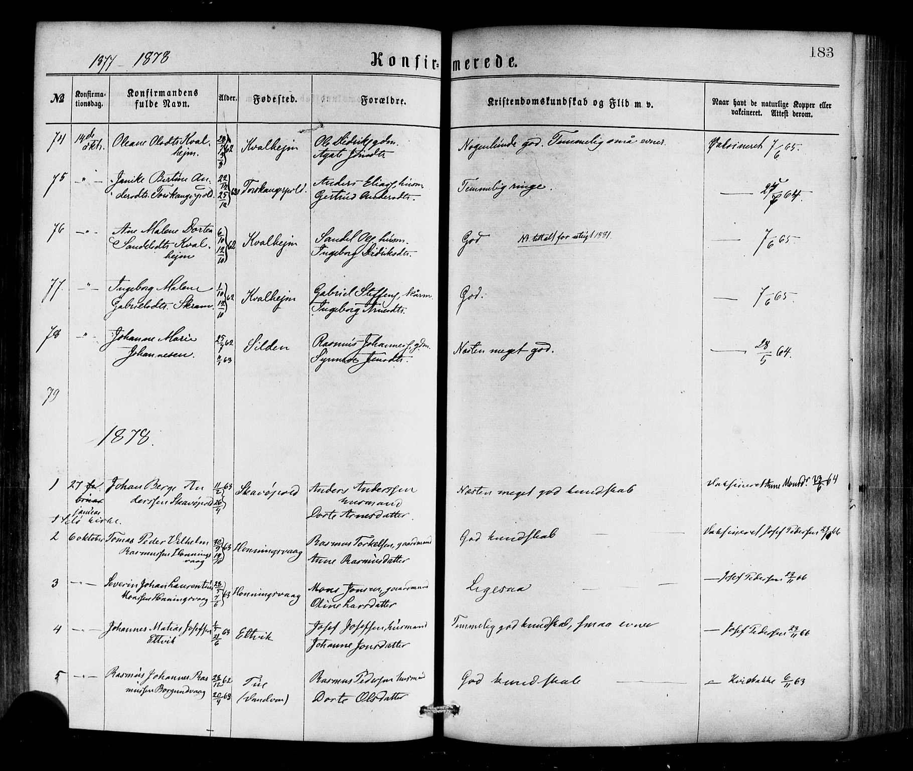 Selje sokneprestembete, SAB/A-99938/H/Ha/Haa/Haaa: Parish register (official) no. A 12, 1870-1880, p. 183