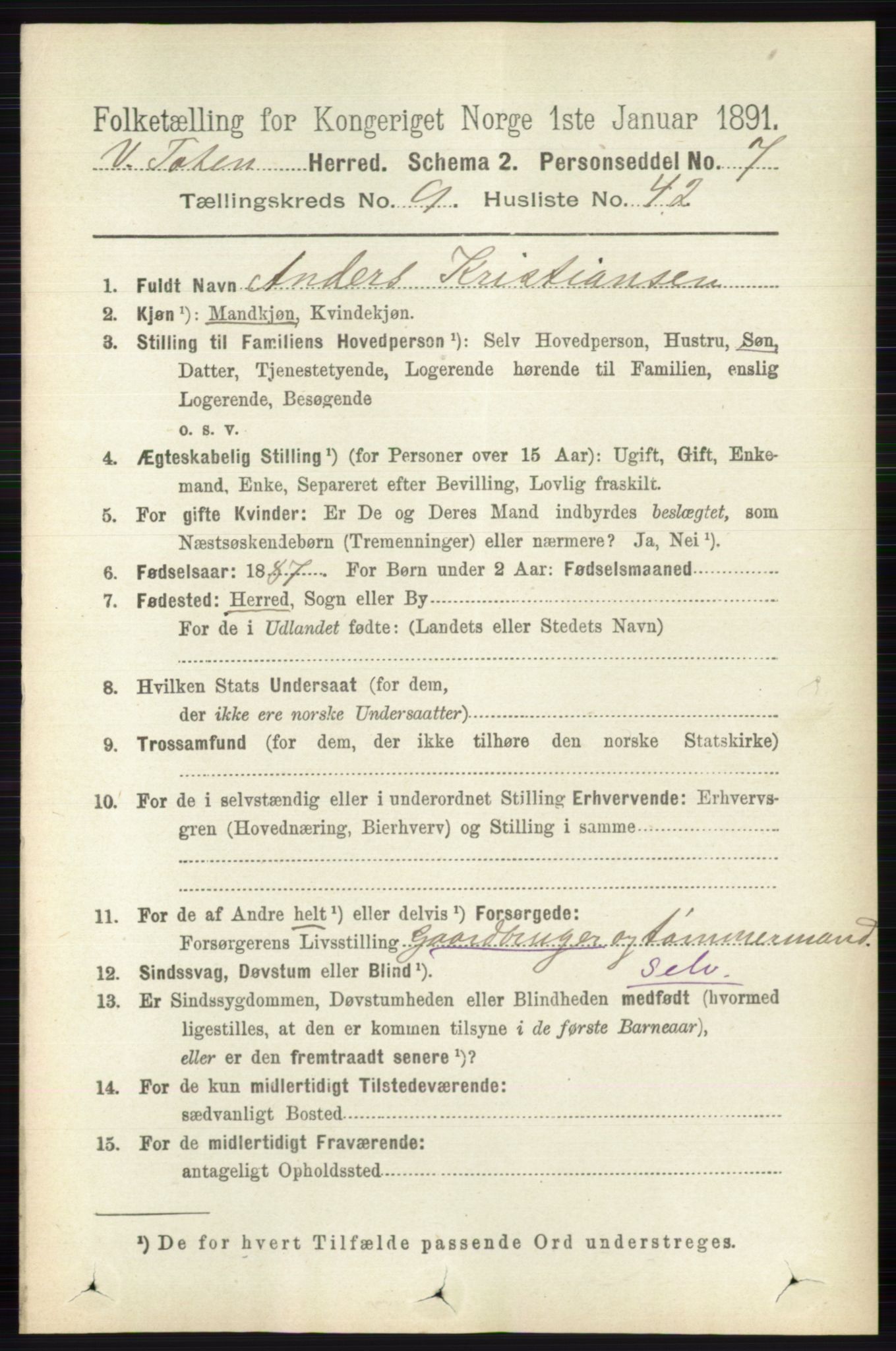 RA, 1891 census for 0529 Vestre Toten, 1891, p. 5810