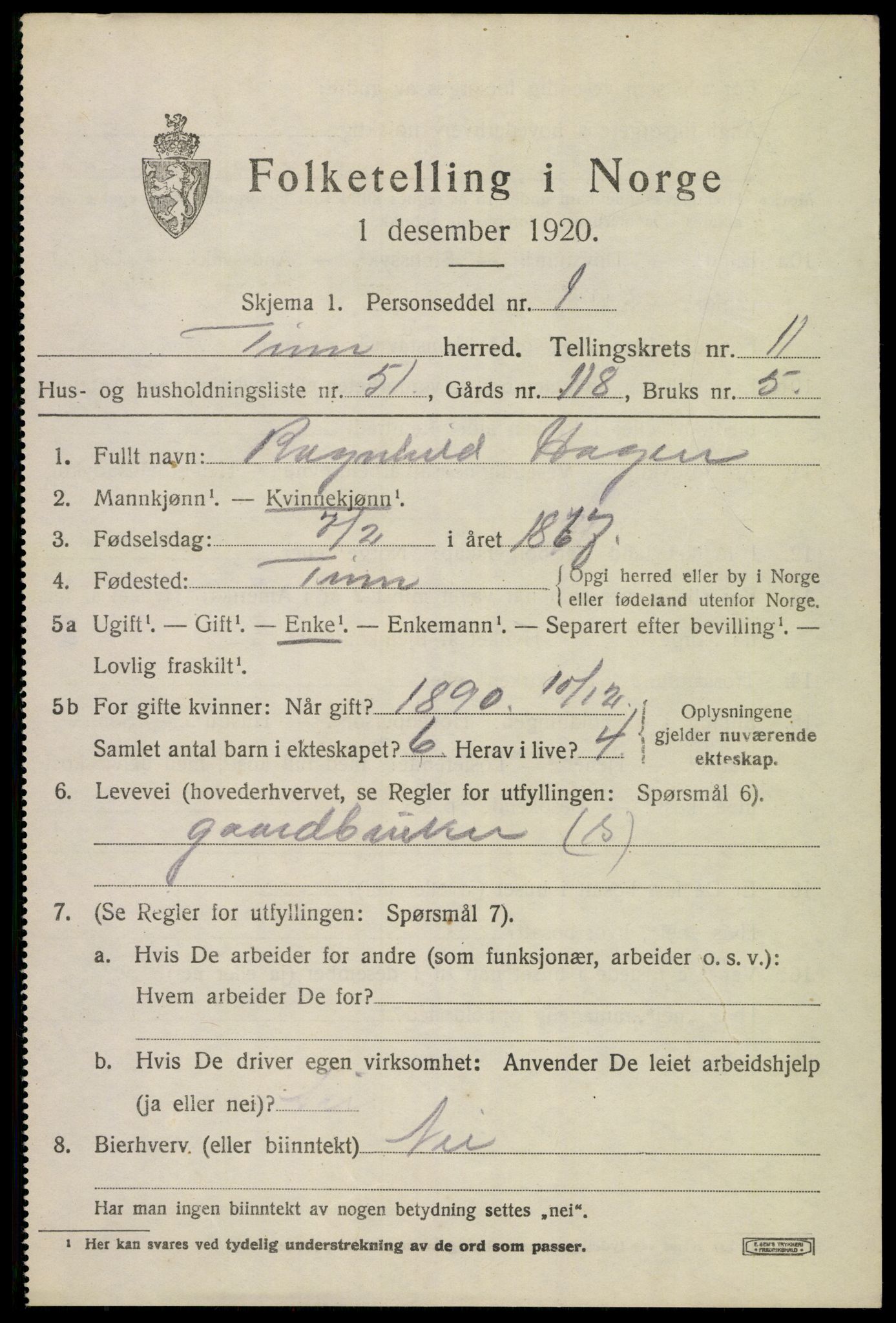 SAKO, 1920 census for Tinn, 1920, p. 7552