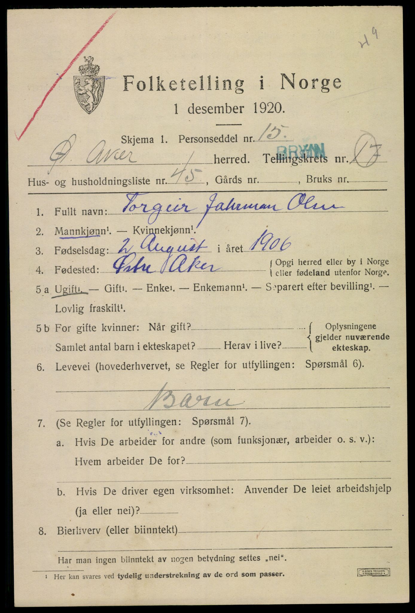 SAO, 1920 census for Aker, 1920, p. 101352