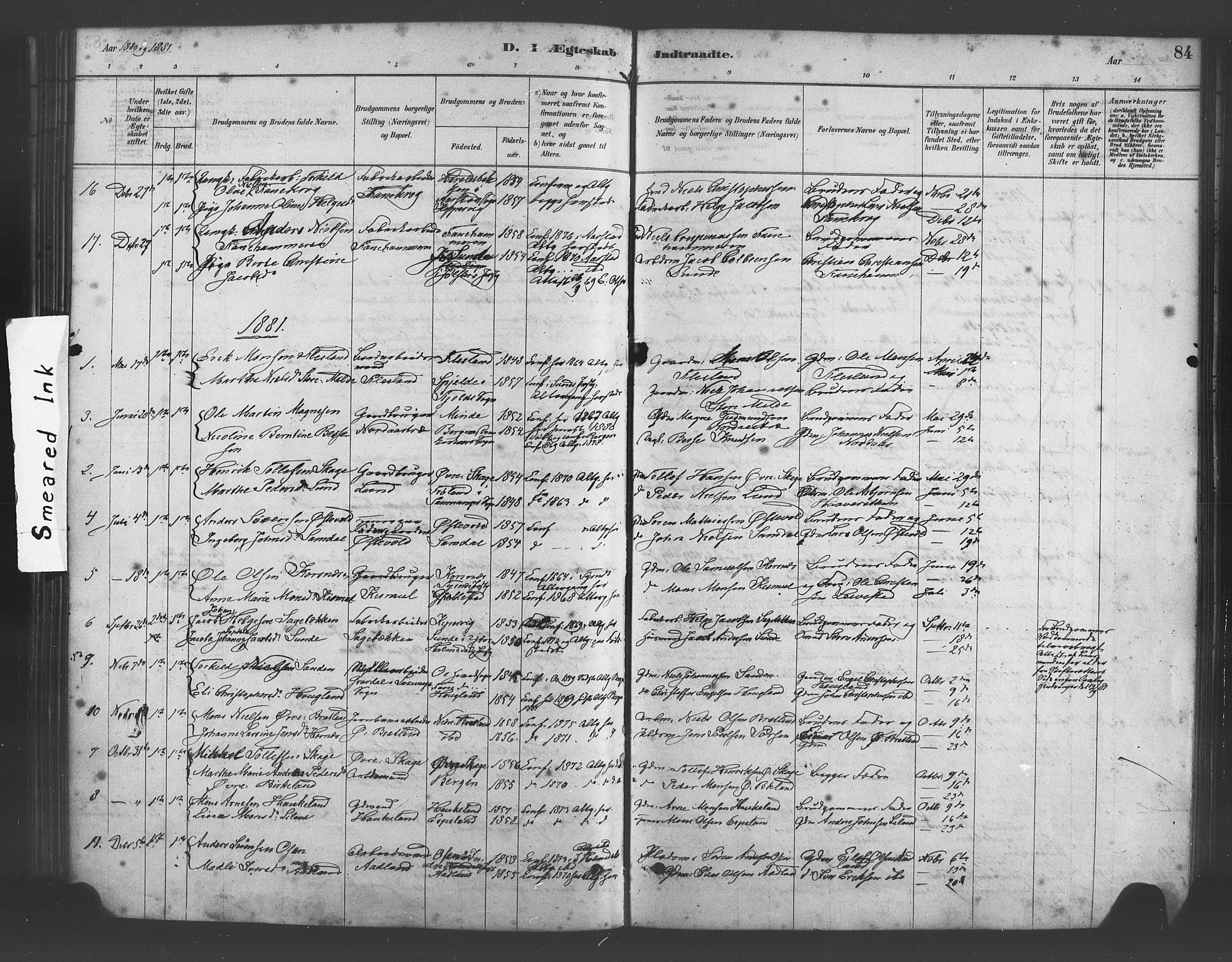 Fana Sokneprestembete, AV/SAB-A-75101/H/Haa/Haab/L0001: Parish register (official) no. B 1, 1878-1889, p. 84