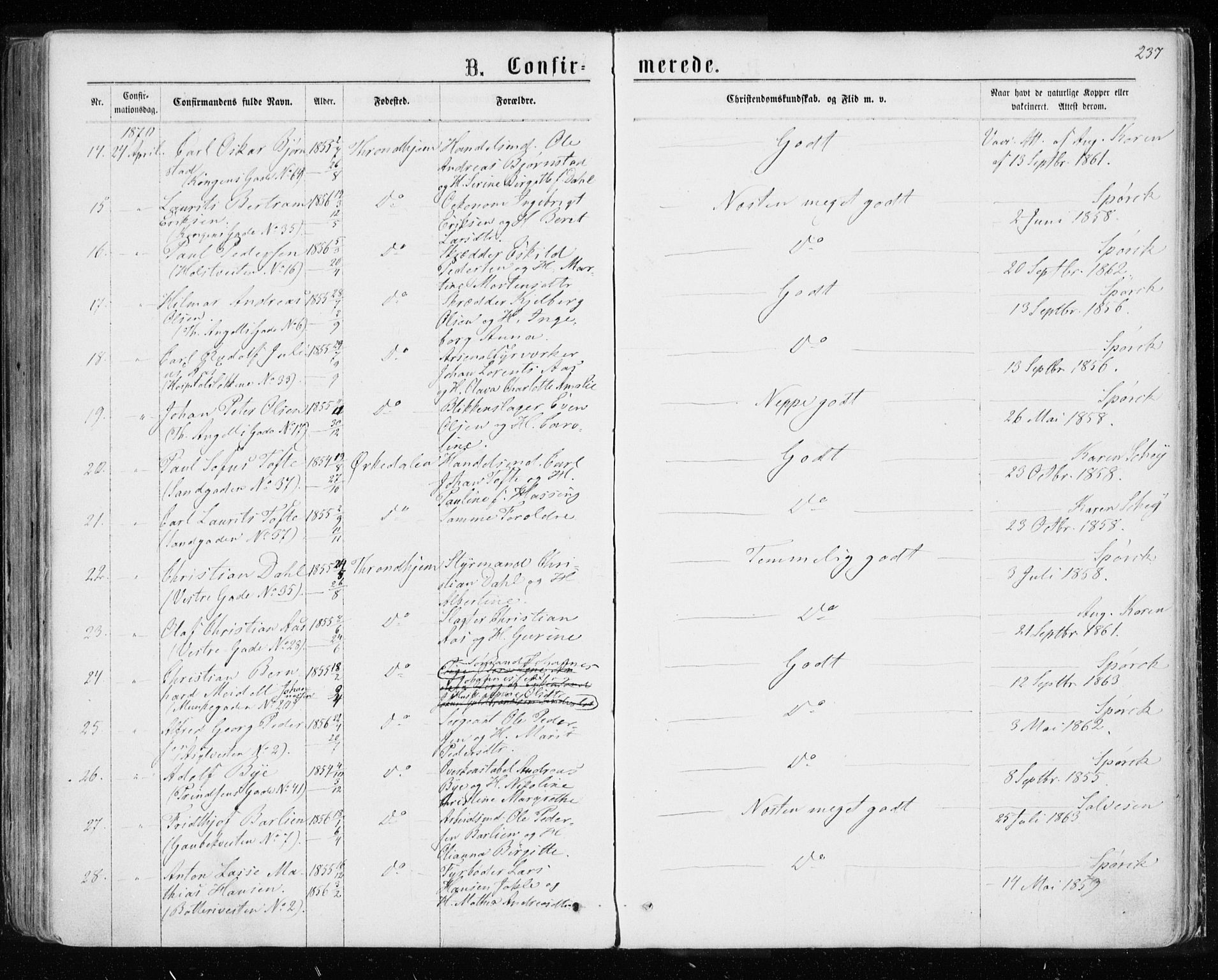 Ministerialprotokoller, klokkerbøker og fødselsregistre - Sør-Trøndelag, SAT/A-1456/601/L0054: Parish register (official) no. 601A22, 1866-1877, p. 237
