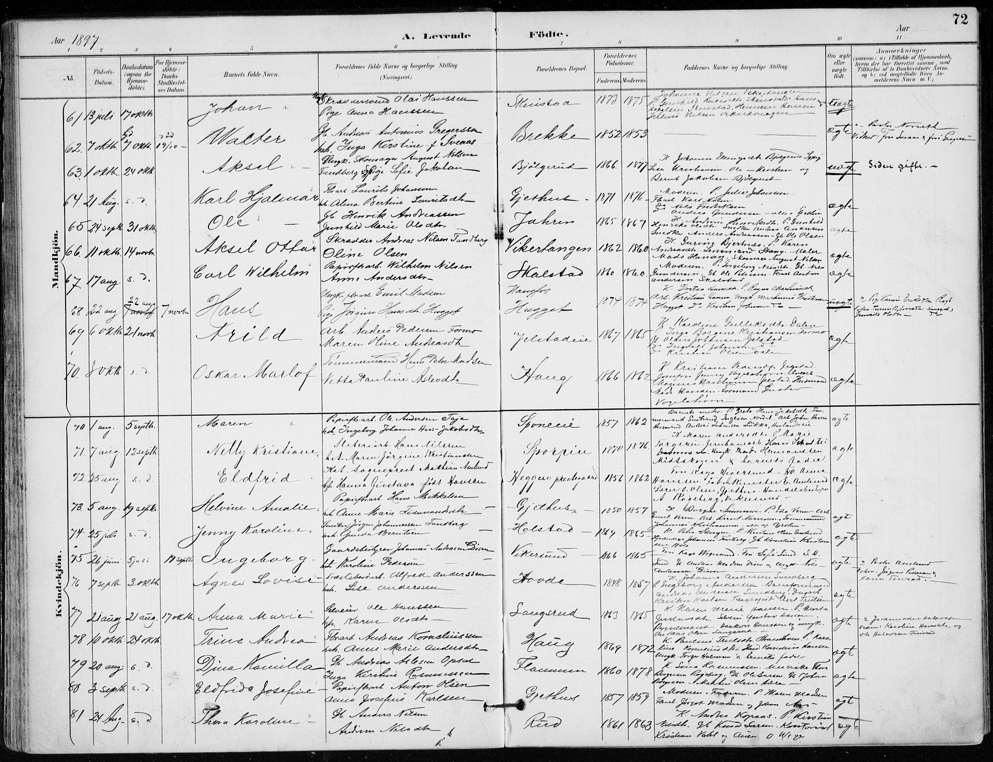 Modum kirkebøker, AV/SAKO-A-234/F/Fa/L0012: Parish register (official) no. 12, 1890-1898, p. 72