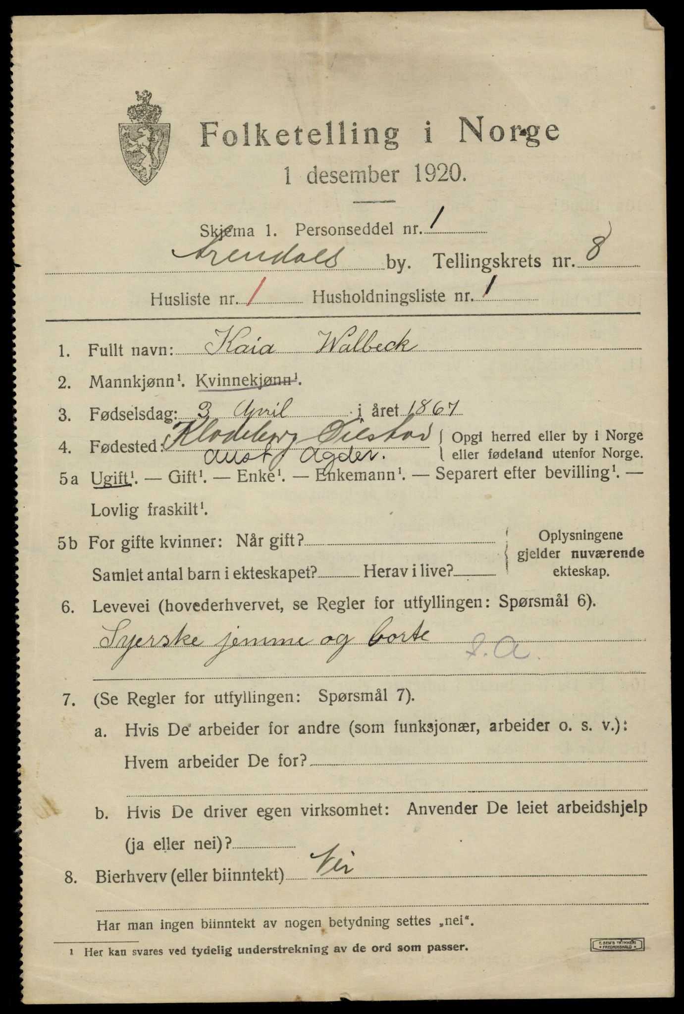 SAK, 1920 census for Arendal, 1920, p. 15420