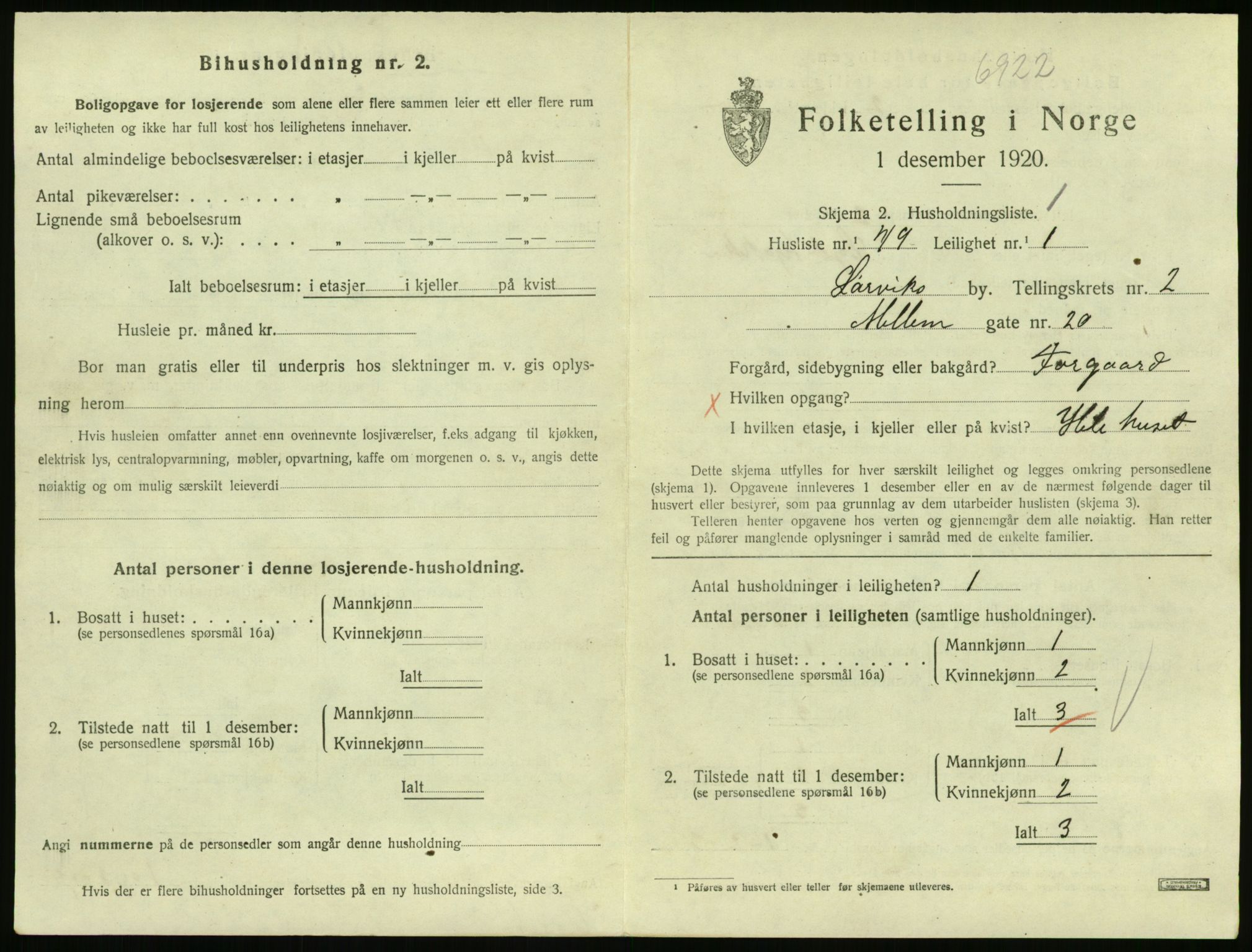 SAKO, 1920 census for Larvik, 1920, p. 3596