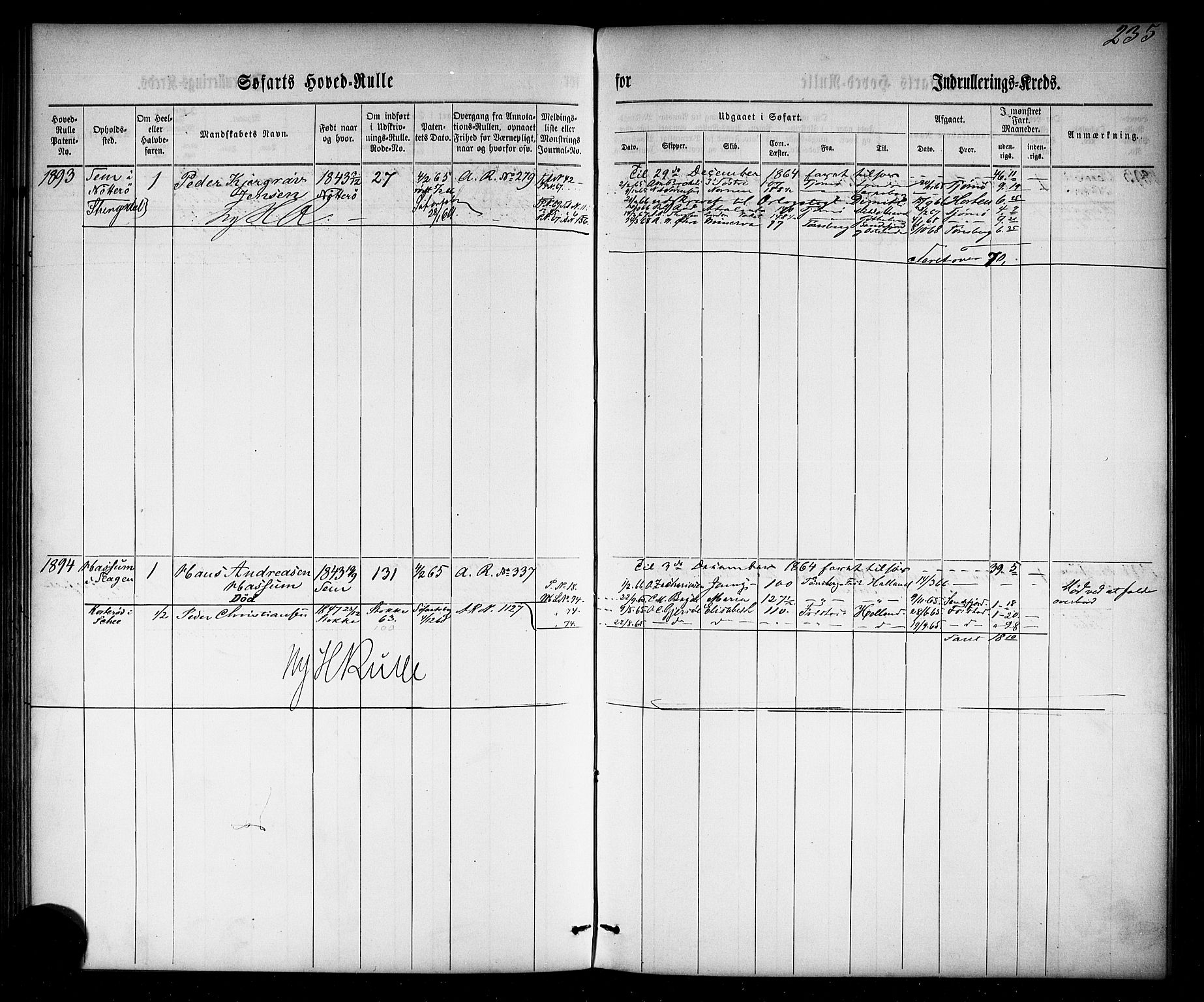 Tønsberg innrulleringskontor, SAKO/A-786/F/Fc/Fca/L0002: Hovedrulle Patent nr. 1429-2133, 1861-1868, p. 274