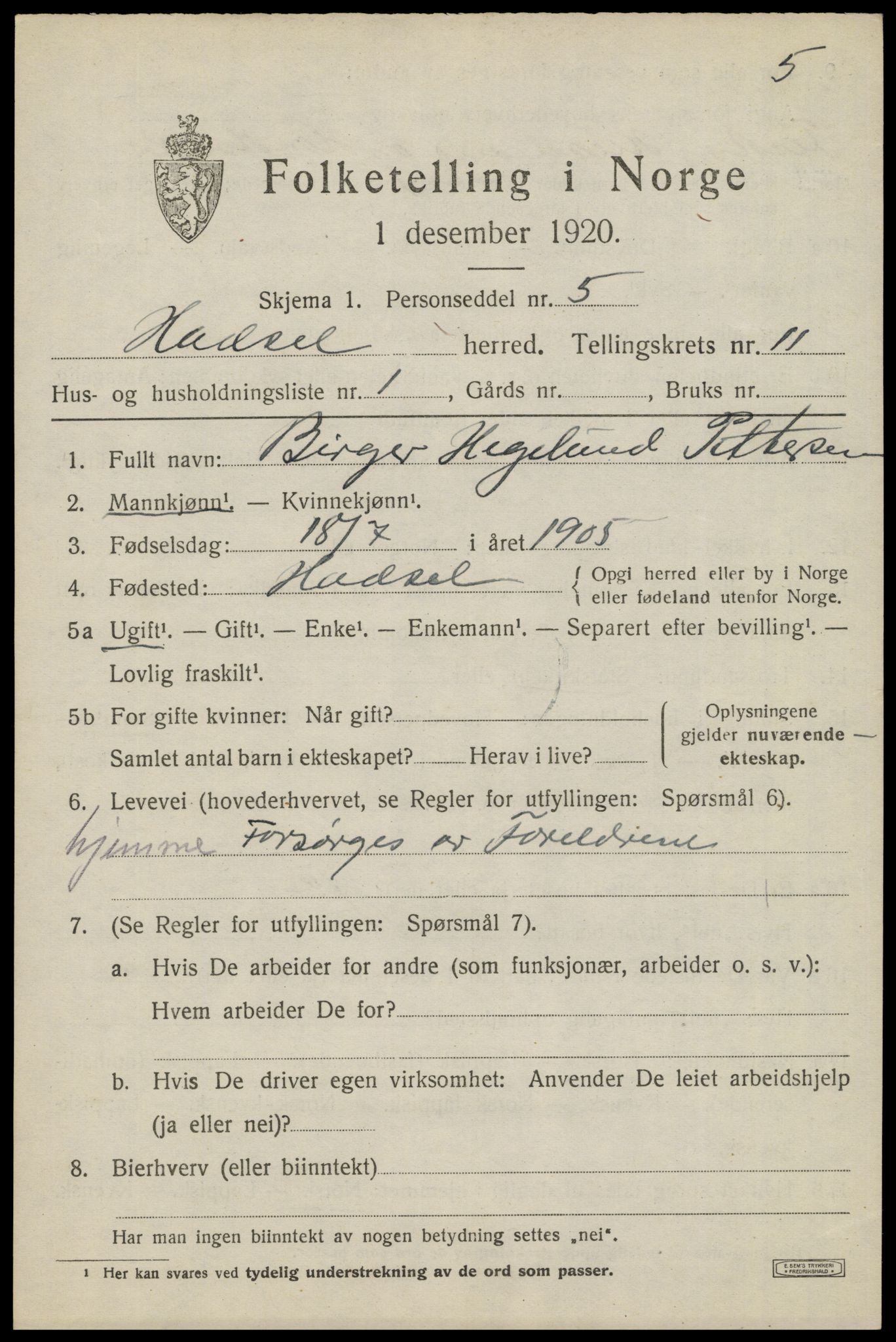 SAT, 1920 census for Hadsel, 1920, p. 8698