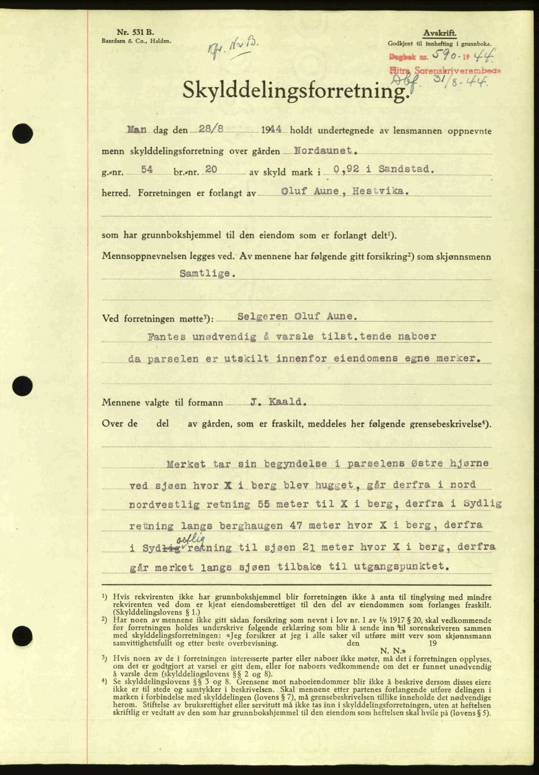 Hitra sorenskriveri, AV/SAT-A-0018/2/2C/2Ca: Mortgage book no. A2, 1943-1945, Diary no: : 590/1944